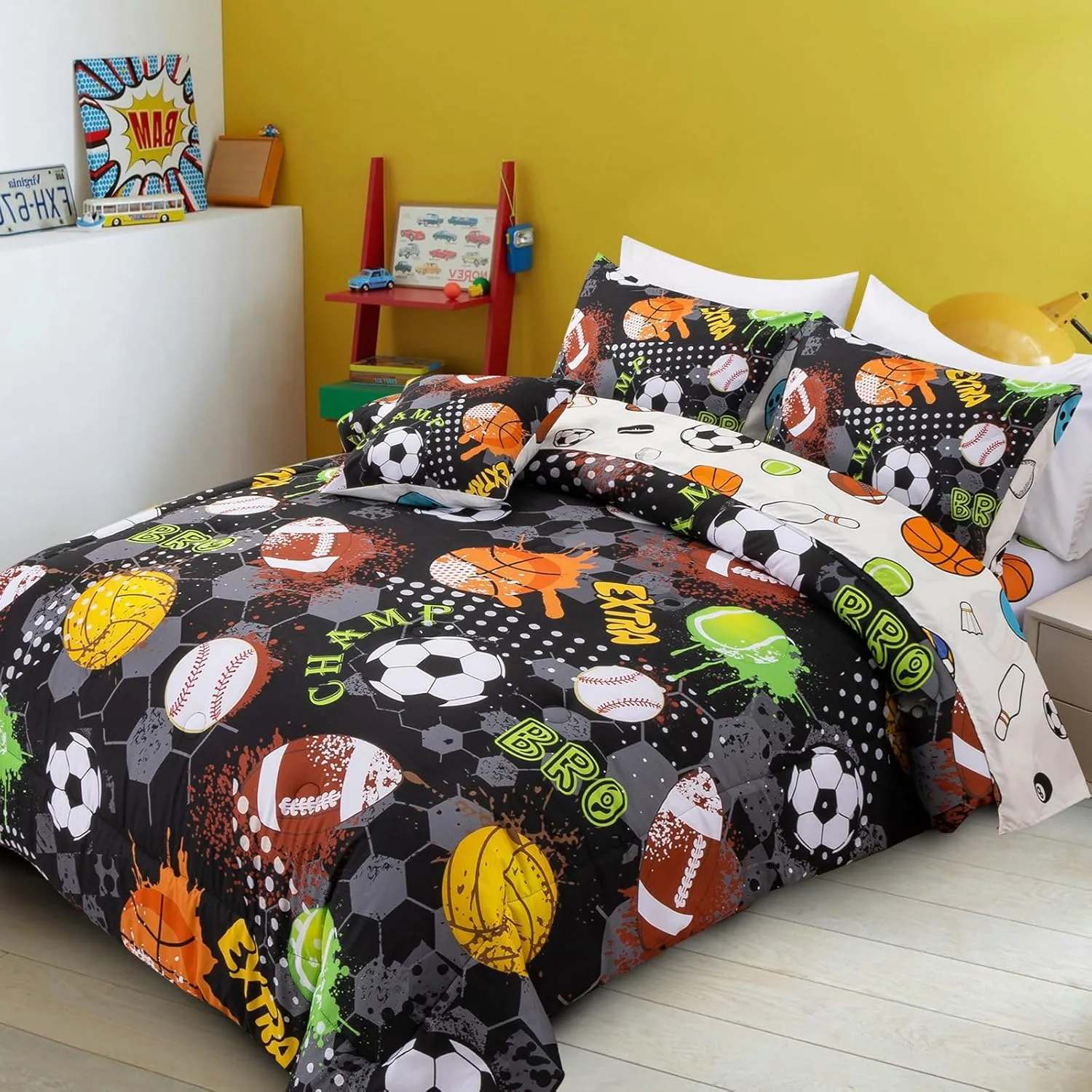 A Nice Night 6Pcs Bed in A Bag Twin Sports Microfiber Comforter Set,Black Rugby Ball Basketball Printed Bedding Collections,for Boys Kids Teen