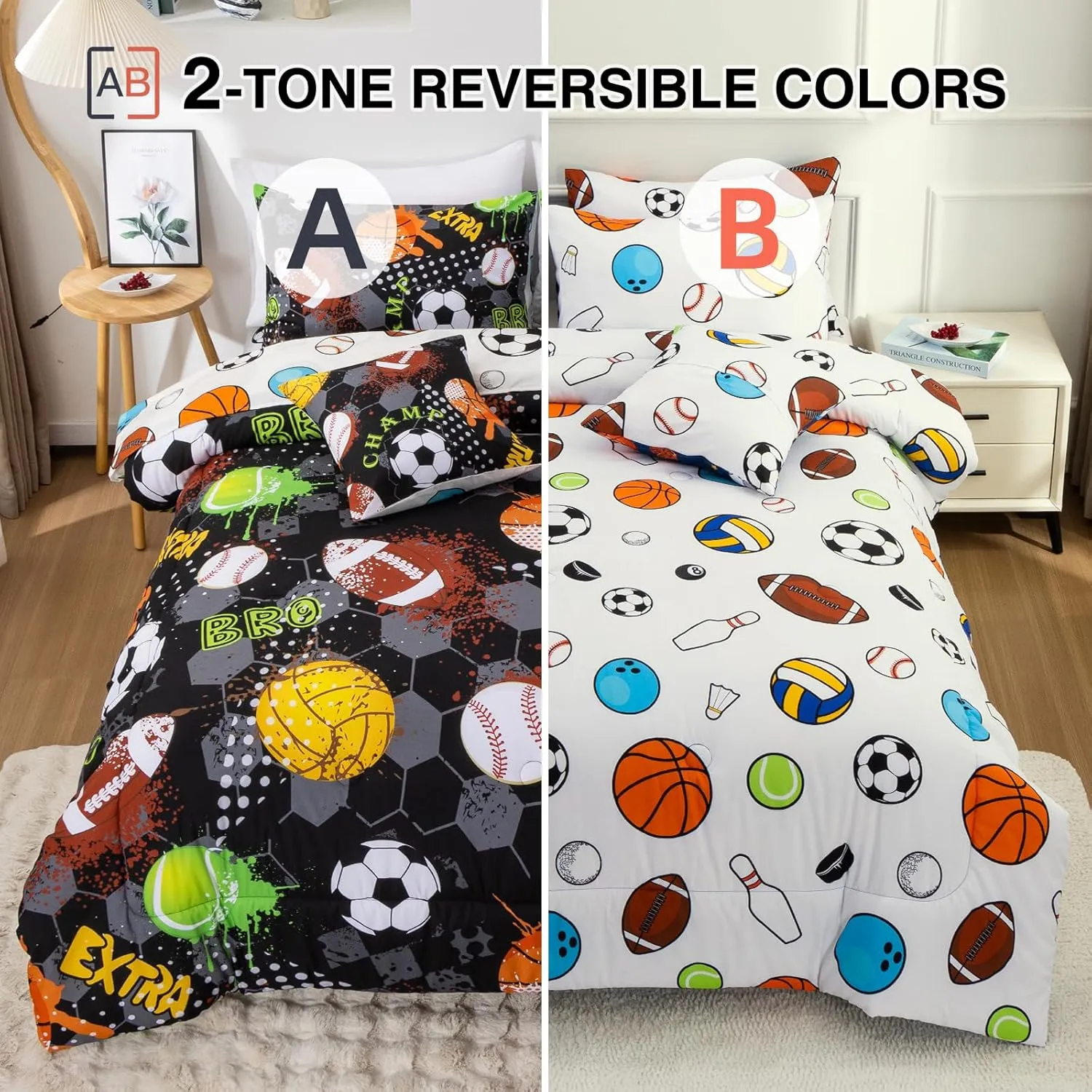 A Nice Night 6Pcs Bed in A Bag Twin Sports Microfiber Comforter Set,Black Rugby Ball Basketball Printed Bedding Collections,for Boys Kids Teen