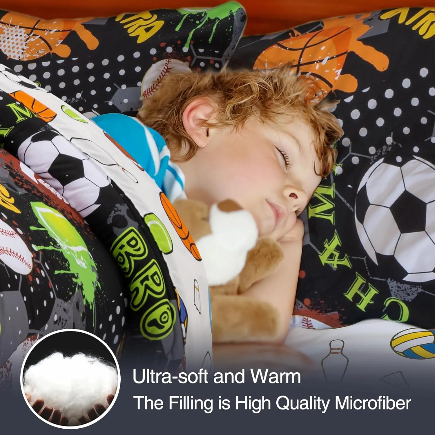 A Nice Night 6Pcs Bed in A Bag Twin Sports Microfiber Comforter Set,Black Rugby Ball Basketball Printed Bedding Collections,for Boys Kids Teen