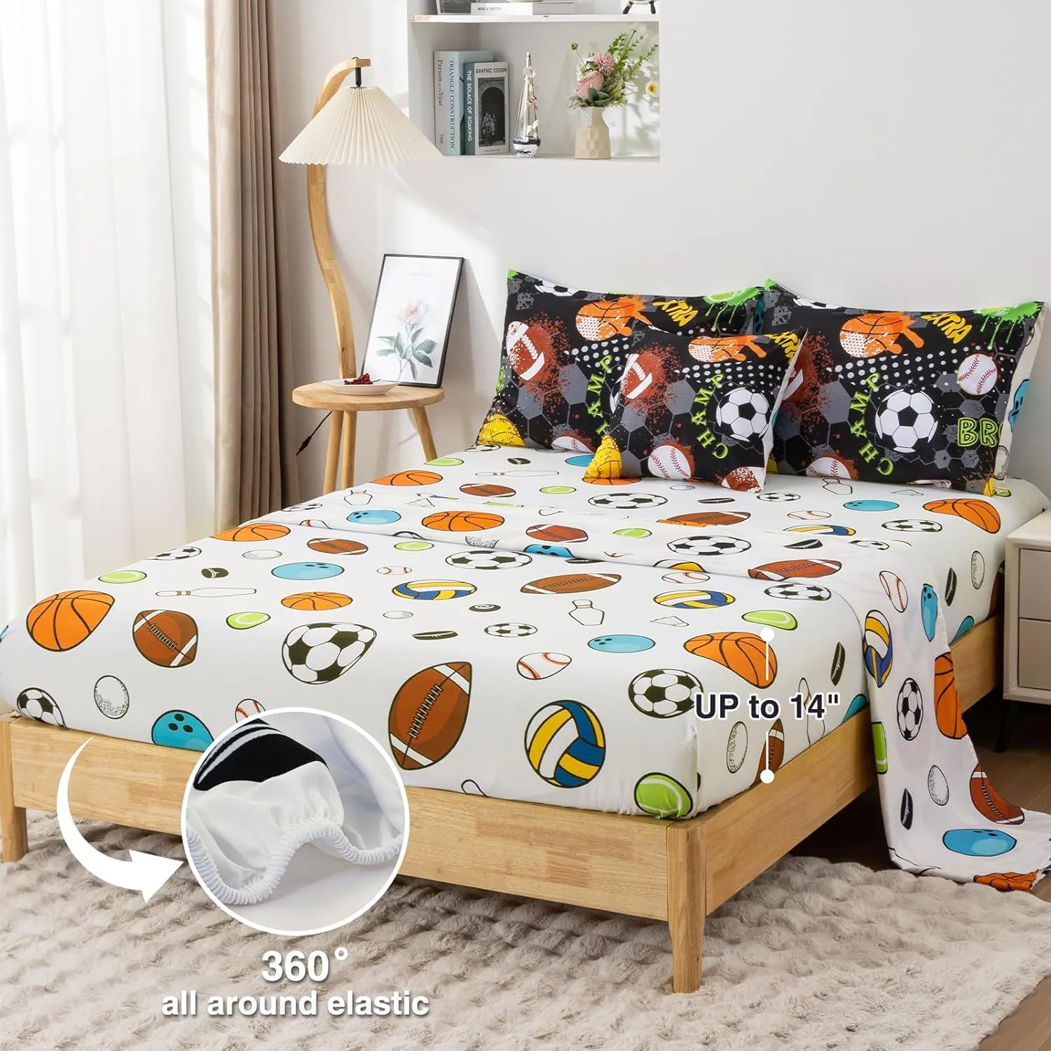 A Nice Night 6Pcs Bed in A Bag Twin Sports Microfiber Comforter Set,Black Rugby Ball Basketball Printed Bedding Collections,for Boys Kids Teen