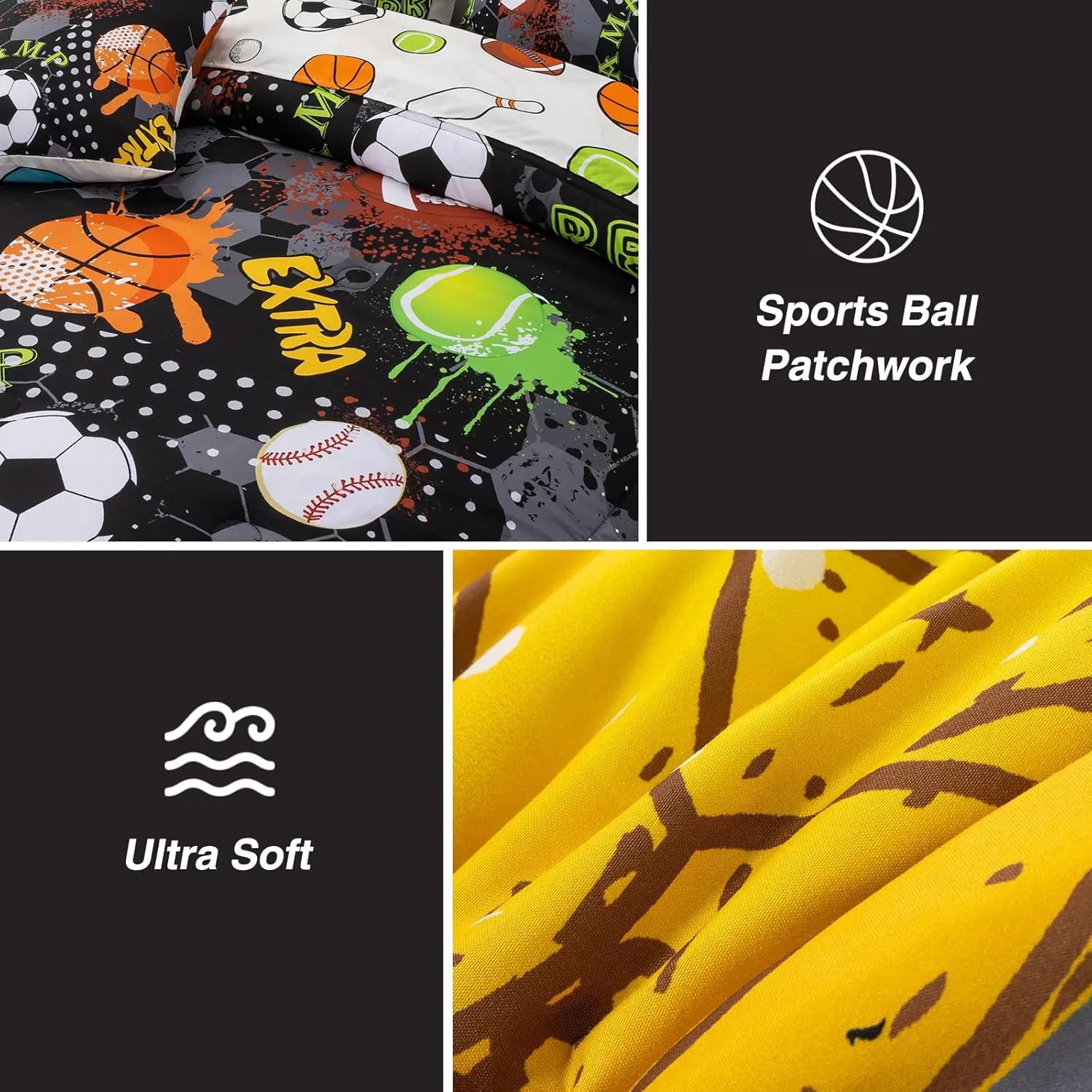 A Nice Night 6Pcs Bed in A Bag Twin Sports Microfiber Comforter Set,Black Rugby Ball Basketball Printed Bedding Collections,for Boys Kids Teen