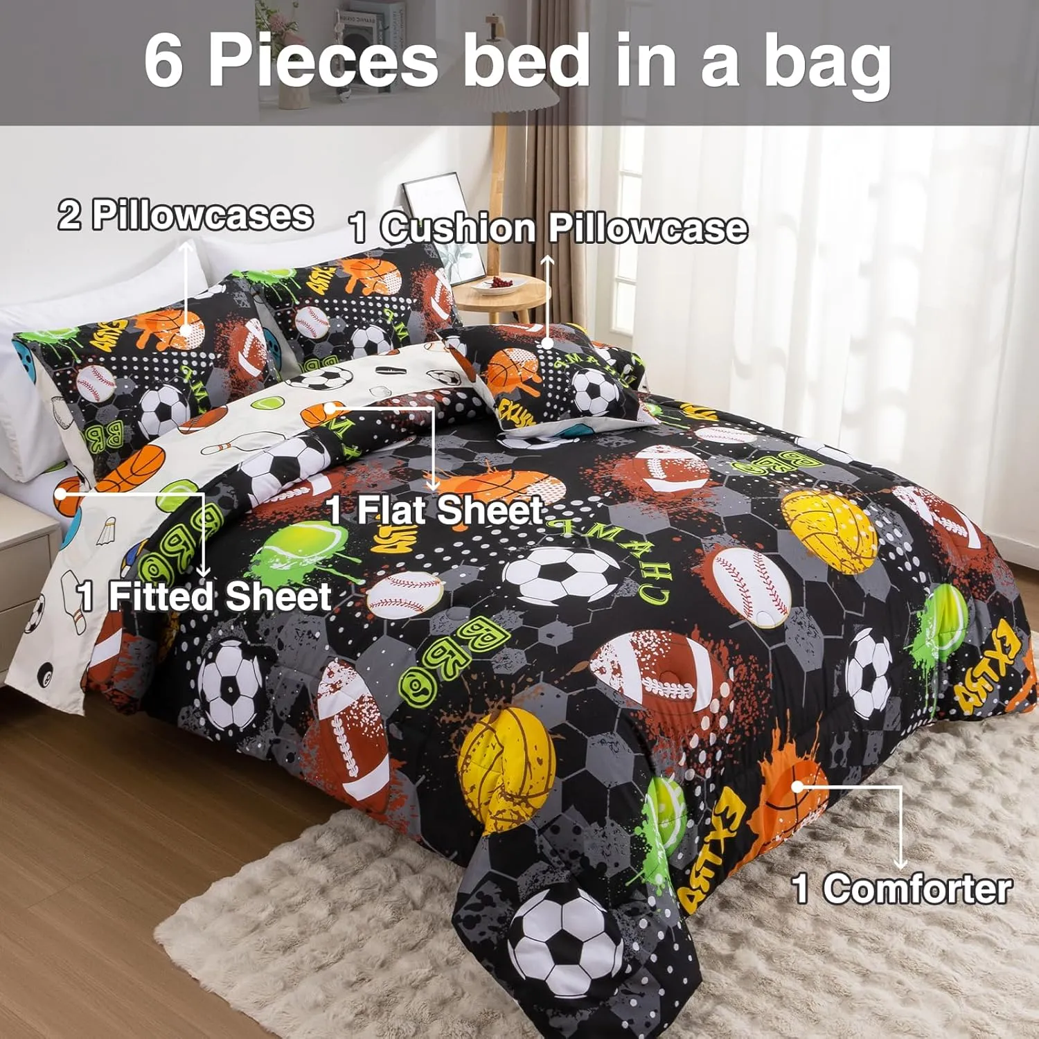 A Nice Night 6Pcs Bed in A Bag Twin Sports Microfiber Comforter Set,Black Rugby Ball Basketball Printed Bedding Collections,for Boys Kids Teen