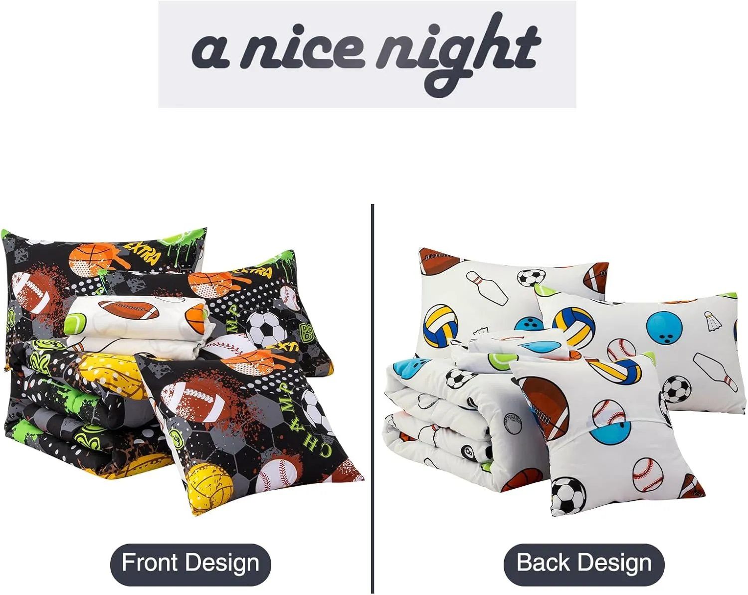 A Nice Night 6Pcs Bed in A Bag Twin Sports Microfiber Comforter Set,Black Rugby Ball Basketball Printed Bedding Collections,for Boys Kids Teen