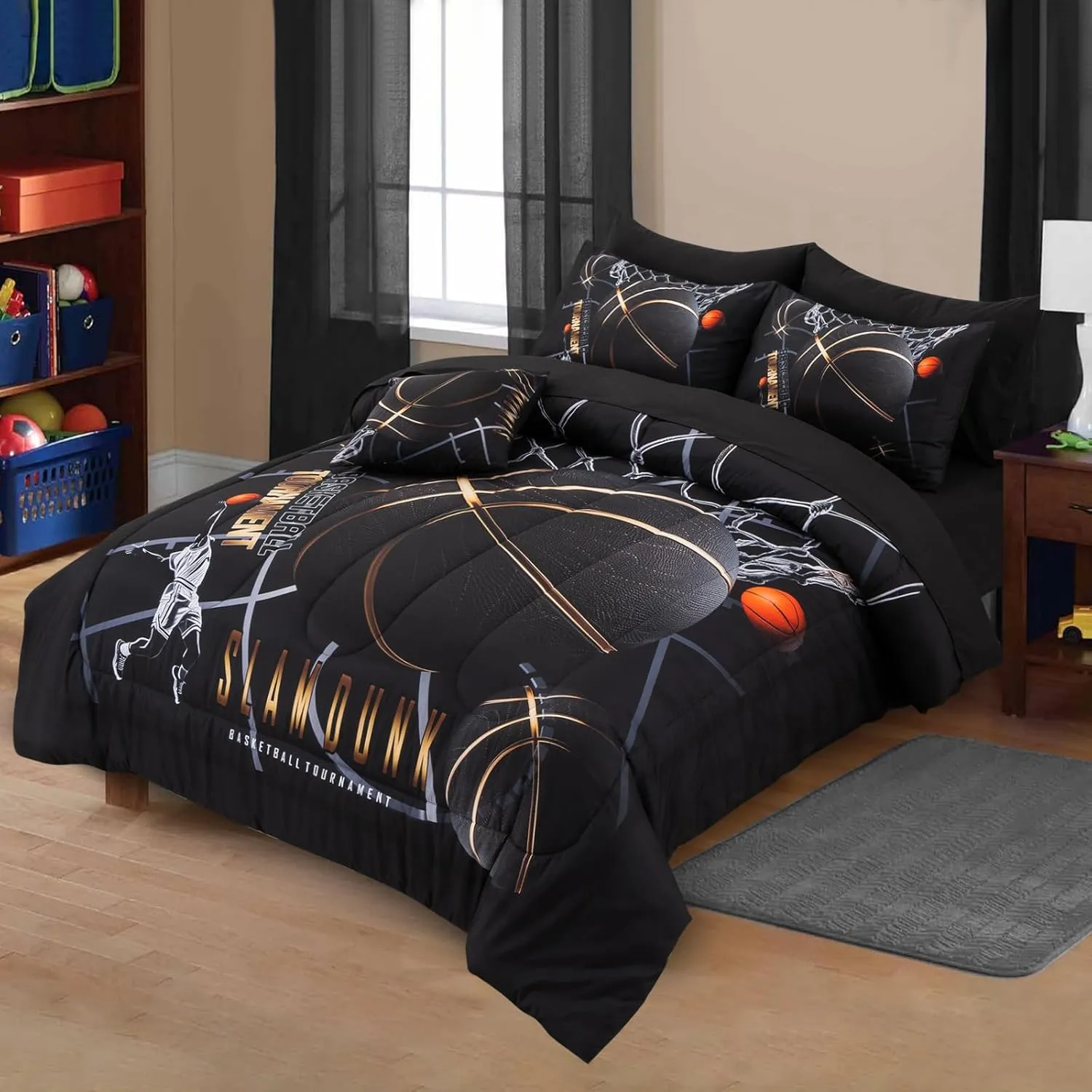 A Nice Night Comforter Set,6 Piece Bed-in-a-Bag with Comforter & Sheet Sets,Basketball Court with Sportsman Slam Dunk Printing for Kids Teen Boys,Queen