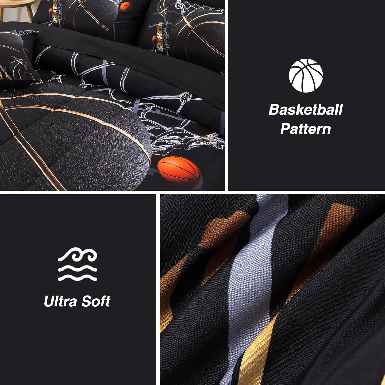 A Nice Night Comforter Set,6 Piece Bed-in-a-Bag with Comforter & Sheet Sets,Basketball Court with Sportsman Slam Dunk Printing for Kids Teen Boys,Queen