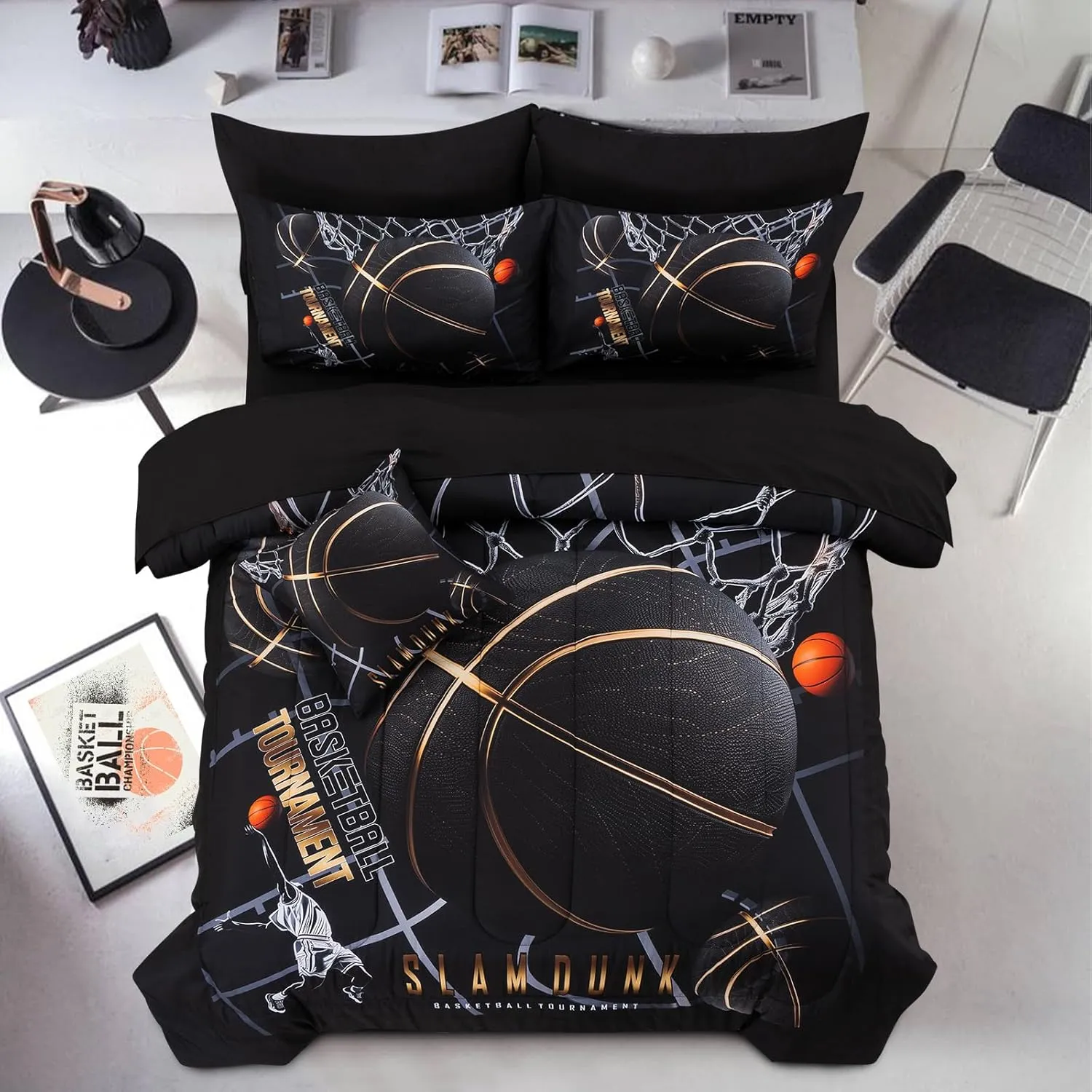 A Nice Night Comforter Set,6 Piece Bed-in-a-Bag with Comforter & Sheet Sets,Basketball Court with Sportsman Slam Dunk Printing for Kids Teen Boys,Queen