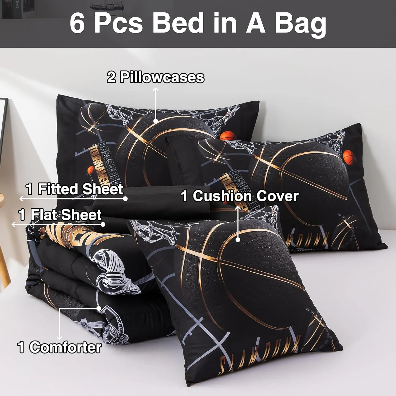 A Nice Night Comforter Set,6 Piece Bed-in-a-Bag with Comforter & Sheet Sets,Basketball Court with Sportsman Slam Dunk Printing for Kids Teen Boys,Queen