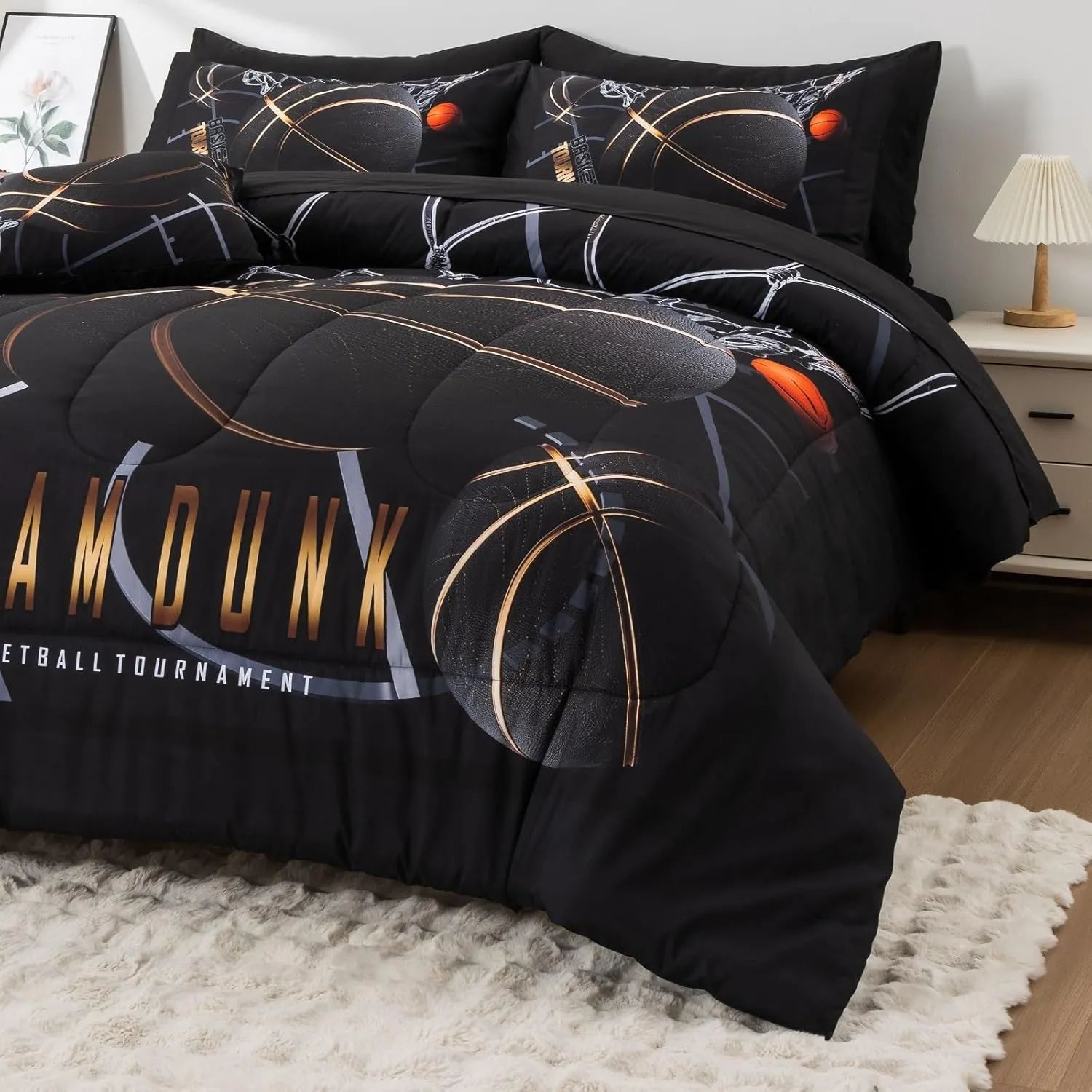 A Nice Night Comforter Set,6 Piece Bed-in-a-Bag with Comforter & Sheet Sets,Basketball Court with Sportsman Slam Dunk Printing for Kids Teen Boys,Queen
