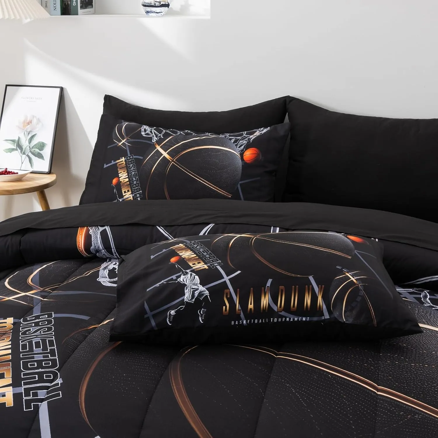A Nice Night Comforter Set,6 Piece Bed-in-a-Bag with Comforter & Sheet Sets,Basketball Court with Sportsman Slam Dunk Printing for Kids Teen Boys,Queen