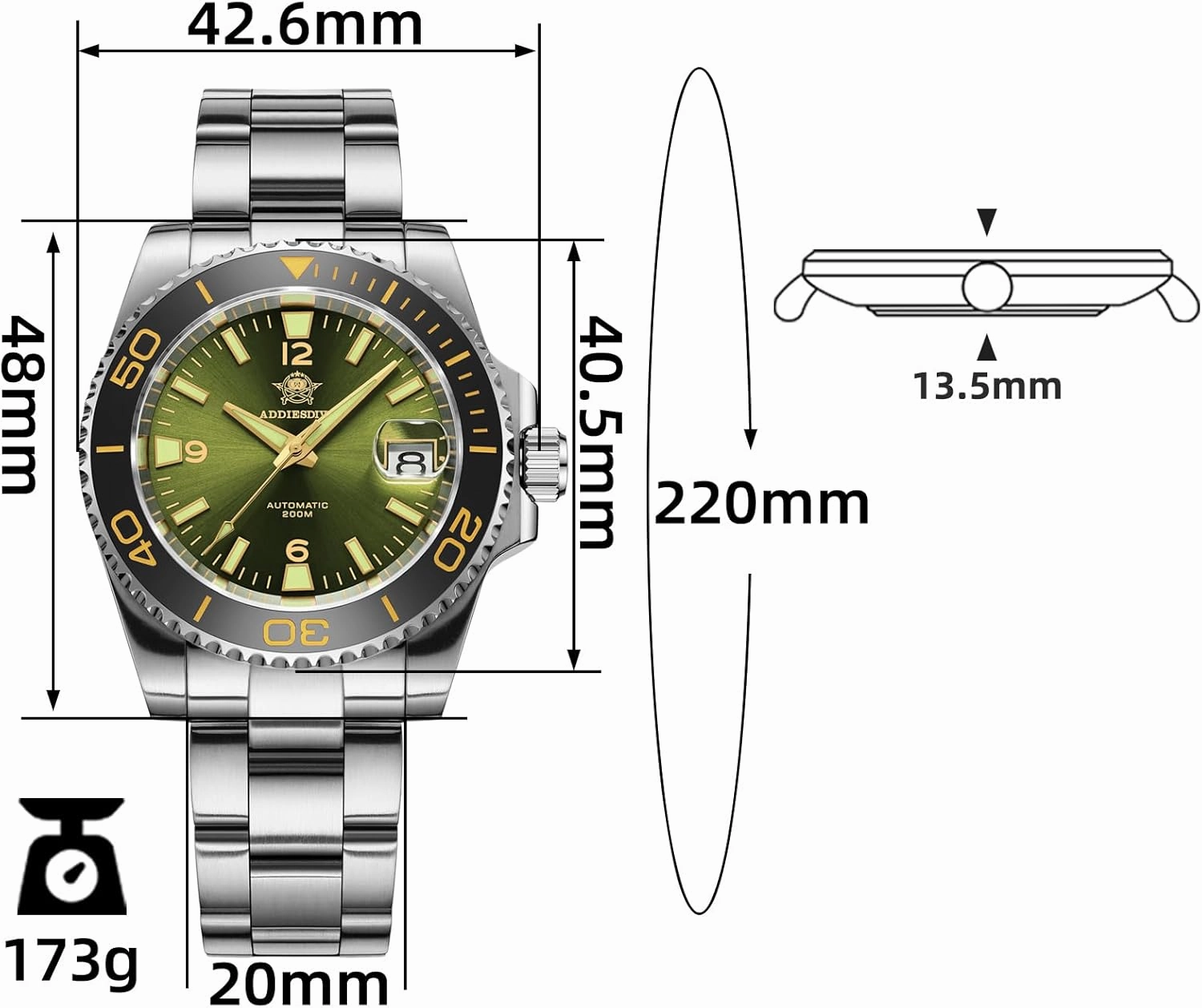 ADDIESDIVE Automatic Diver Watches for Men NH35A/8215 Movement Sapphire Rotating Bezel Luminous 200 M Waterproof Easy to Read with Large Number Mens Diver's Watch