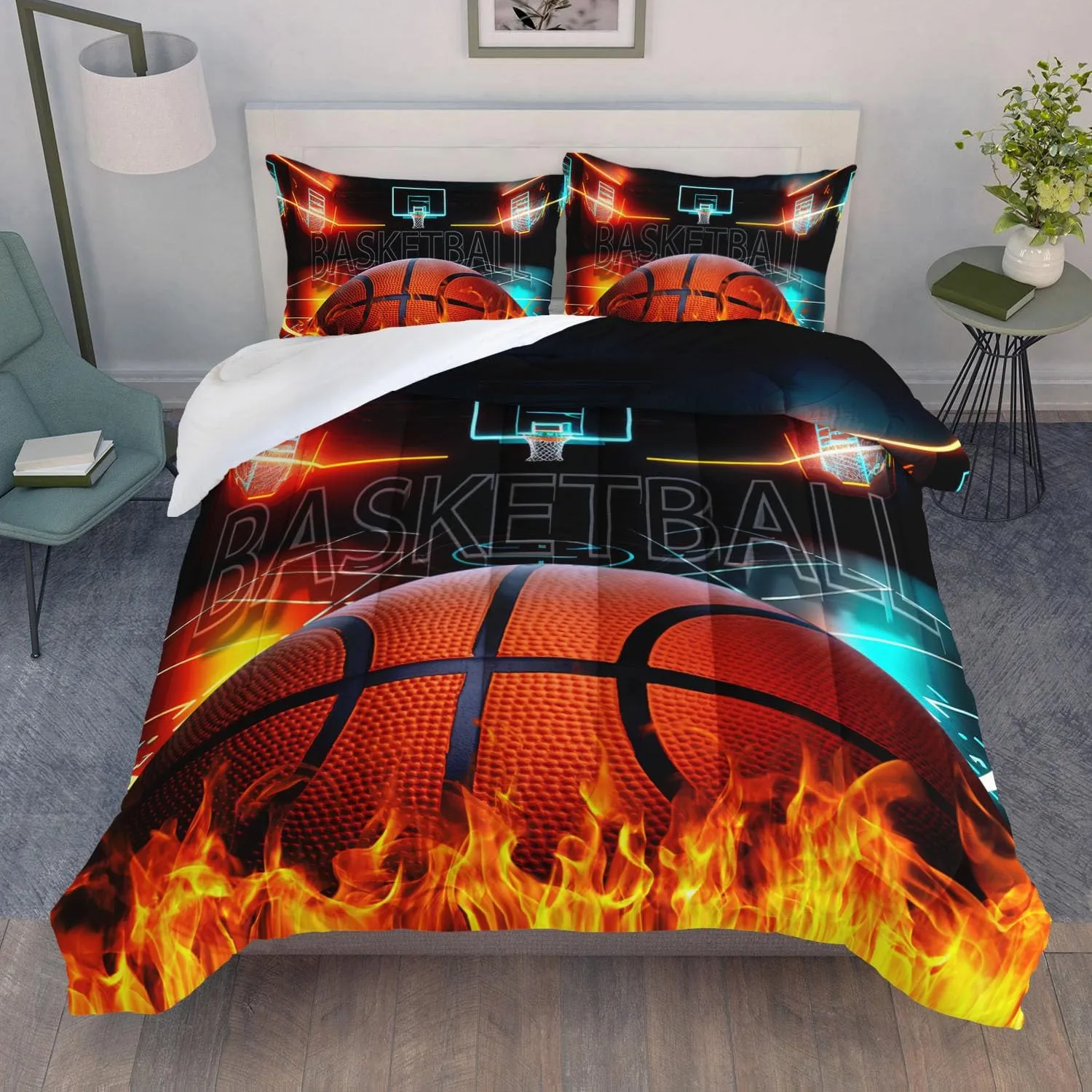 AILONEN 3D Basketball Comforter Set Twin Size, Sports Fire Basketball Bedding Set for Boys Kids Teen,Cool Sport Theme Bed in a Bag 3PCS,1 Basketball Comforter   2 Pillowcases,Soft Microfiber
