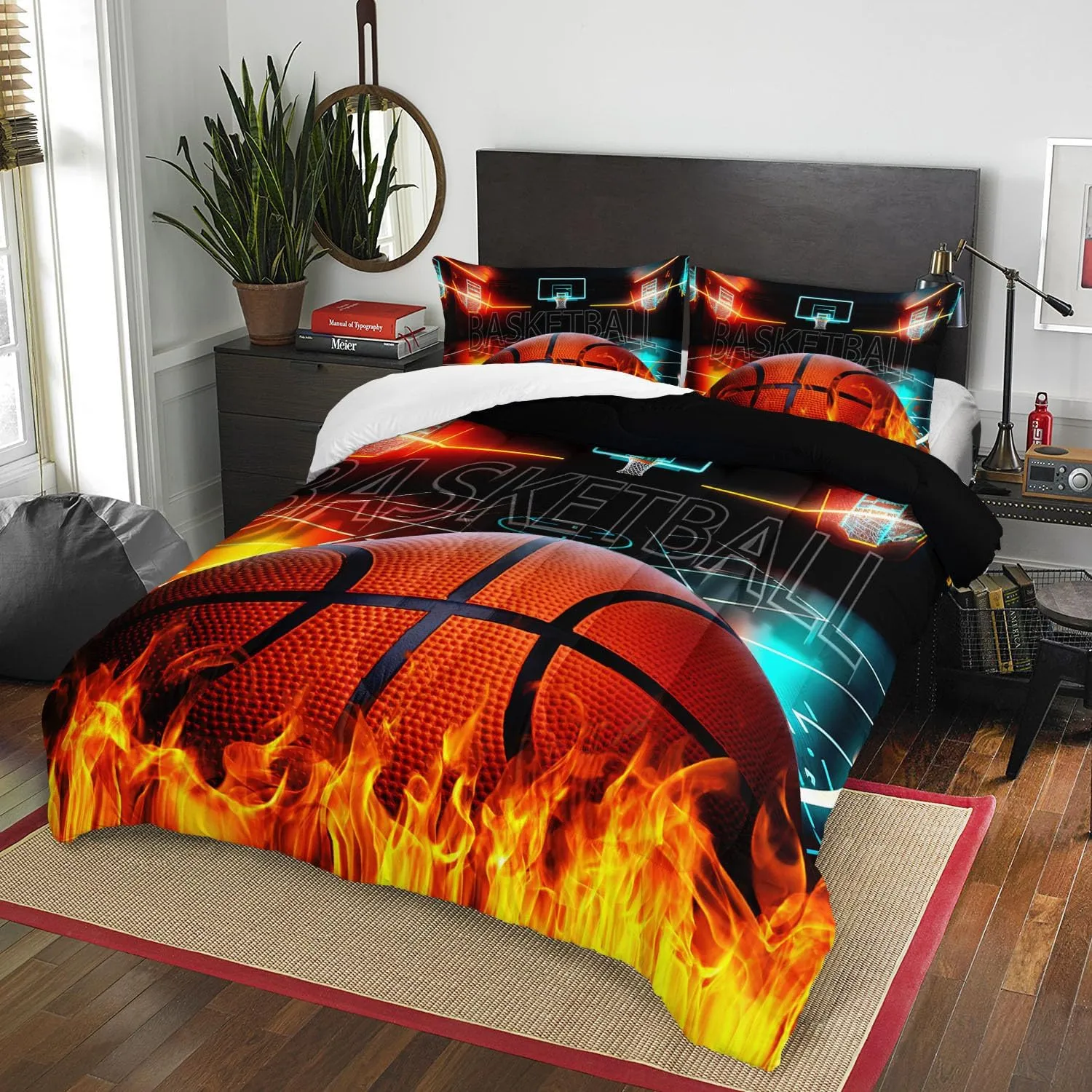 AILONEN 3D Basketball Comforter Set Twin Size, Sports Fire Basketball Bedding Set for Boys Kids Teen,Cool Sport Theme Bed in a Bag 3PCS,1 Basketball Comforter   2 Pillowcases,Soft Microfiber