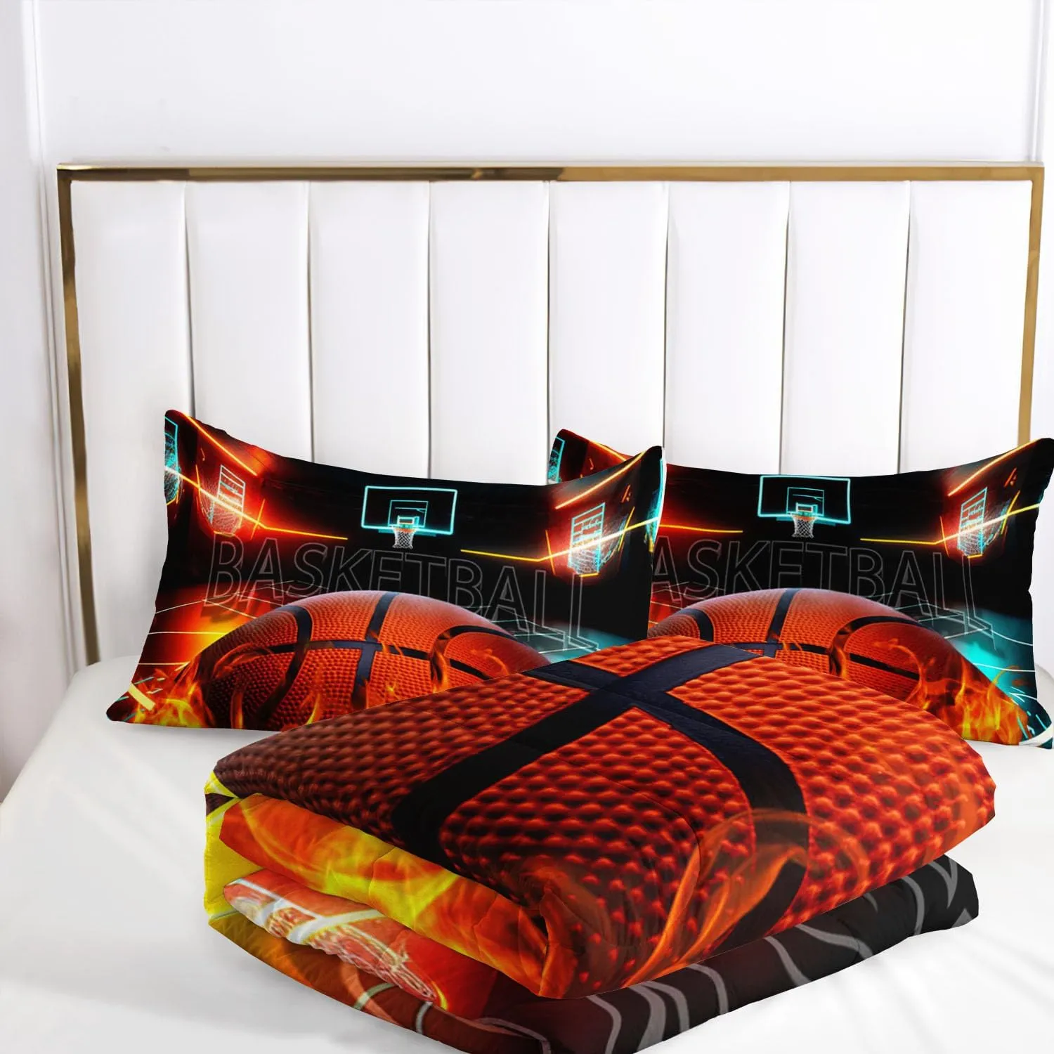 AILONEN 3D Basketball Comforter Set Twin Size, Sports Fire Basketball Bedding Set for Boys Kids Teen,Cool Sport Theme Bed in a Bag 3PCS,1 Basketball Comforter   2 Pillowcases,Soft Microfiber