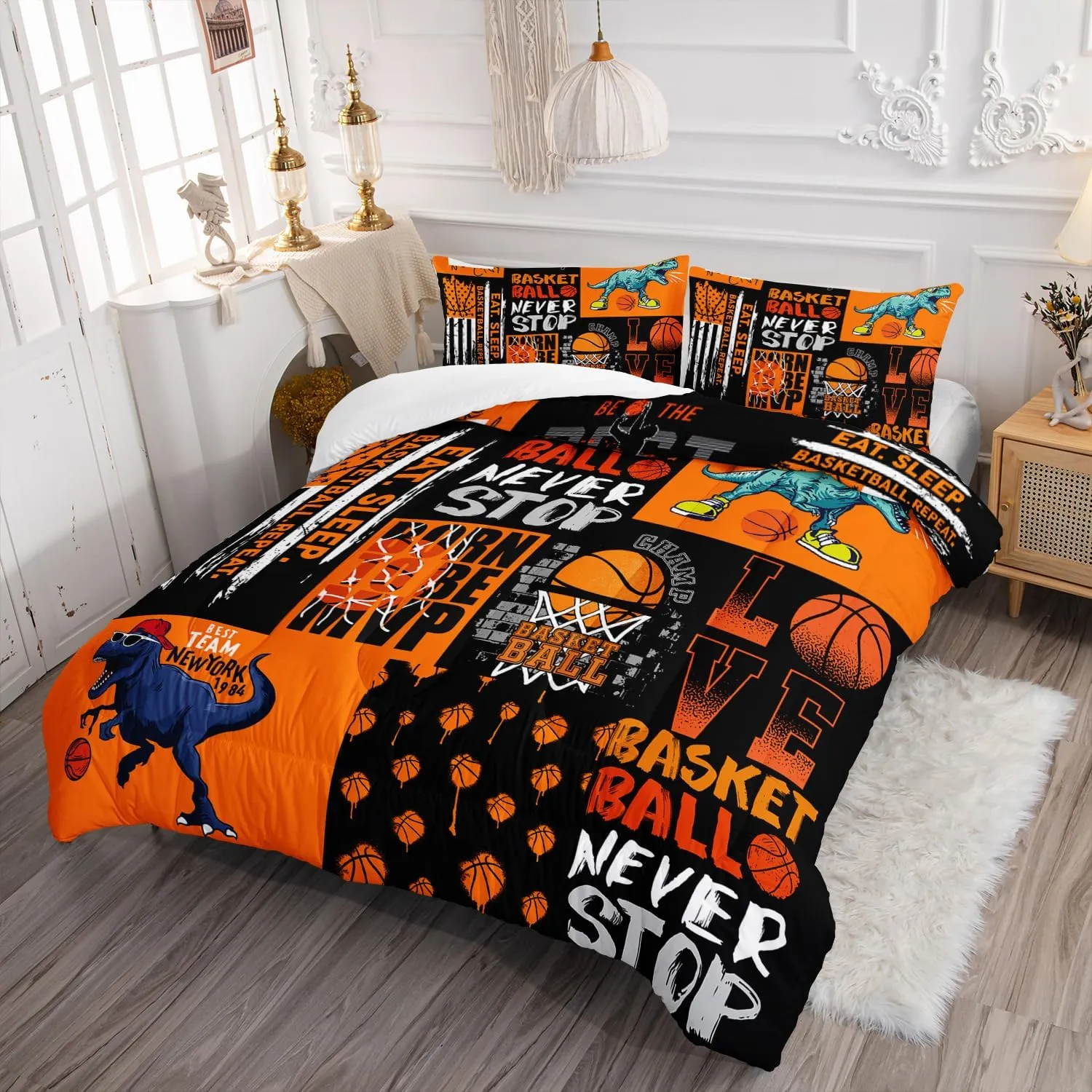 AILONEN Dinosaur Comforter Set Twin Size,Basketball Sports Bedding Set,Basketball Star Dinosaur Pattern Comforter Sets,Slam Dunk Bed in A Bag 3 Pieces, 1 Quilt and 2 Pillowcases