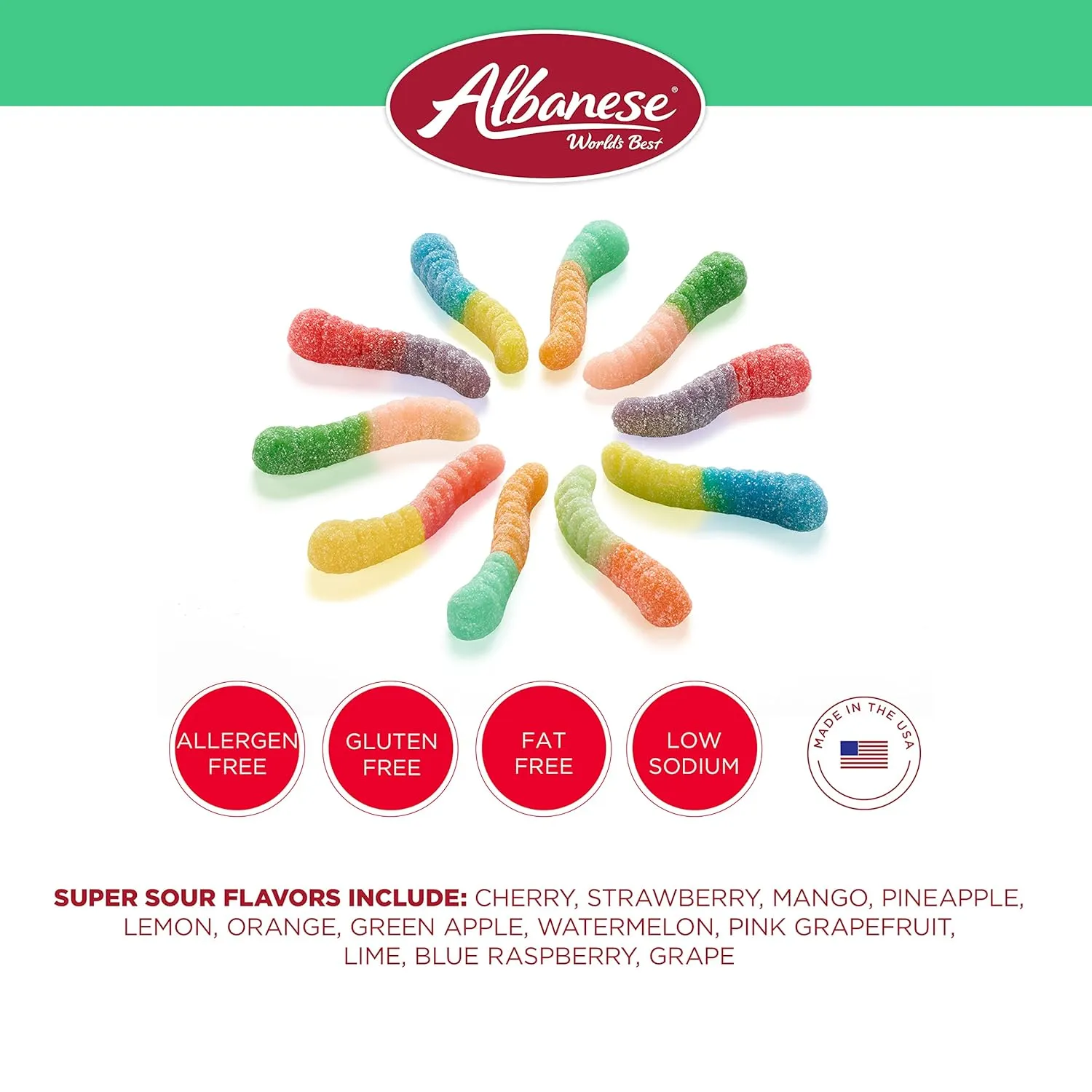 Albanese World's Best Sour 12 Flavor Mini Gummi Worms Candy, 32 Oz Bag