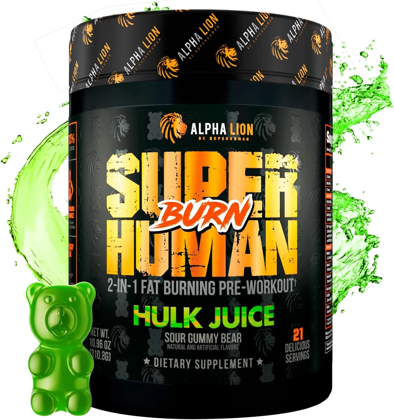 ALPHA LION Superhuman Burn 2-in-1 Metabolism Booster Pre Workout, Weight Loss Supplement, Appetite Suppressant, Fat Loss Support, Energy & Focus Powder (21 Servings, Hulk Juice)