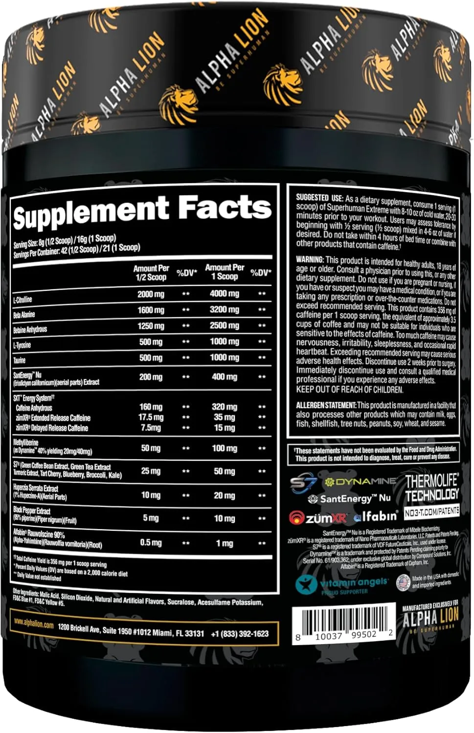 ALPHA LION Superhuman Extreme High Stim Pre Workout Powder, Beta Alanine, L-Taurine & 356mg Tri-Source Caffeine for Sustained Energy, Nitric Oxide & Citrulline for Pump (21 Servings, Sour Gummy Bear)