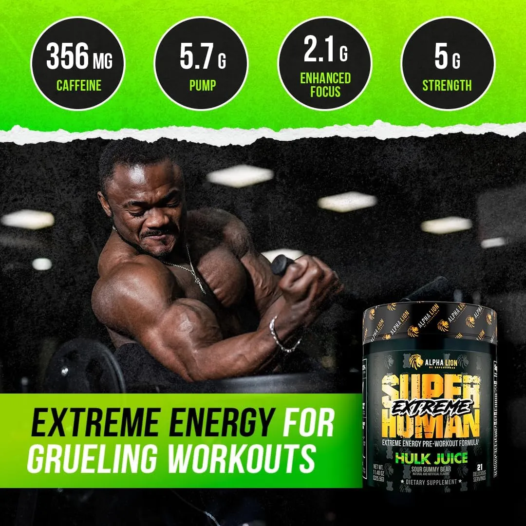 ALPHA LION Superhuman Extreme High Stim Pre Workout Powder, Beta Alanine, L-Taurine & 356mg Tri-Source Caffeine for Sustained Energy, Nitric Oxide & Citrulline for Pump (21 Servings, Sour Gummy Bear)