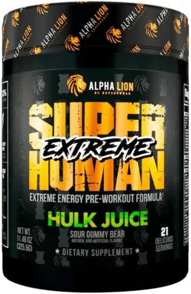 ALPHA LION Superhuman Extreme High Stim Pre Workout Powder, Beta Alanine, L-Taurine & 356mg Tri-Source Caffeine for Sustained Energy, Nitric Oxide & Citrulline for Pump (21 Servings, Sour Gummy Bear)