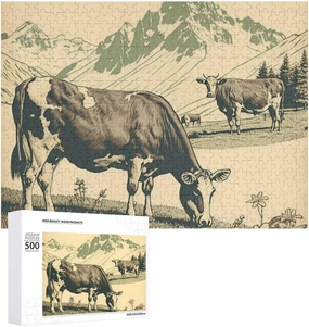 an Impossible Puzzle for Adults to Complete,Wooden Picture Puzzle Vintage-Drawing-Engraving-Cows-grazing-Alpine-Meadows-Mountains-Good-Background_ Good for Game Night, challenging