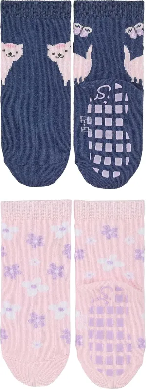 Babies - Girls Abs Socks Double Pack Cat   Flowers ABS Socks