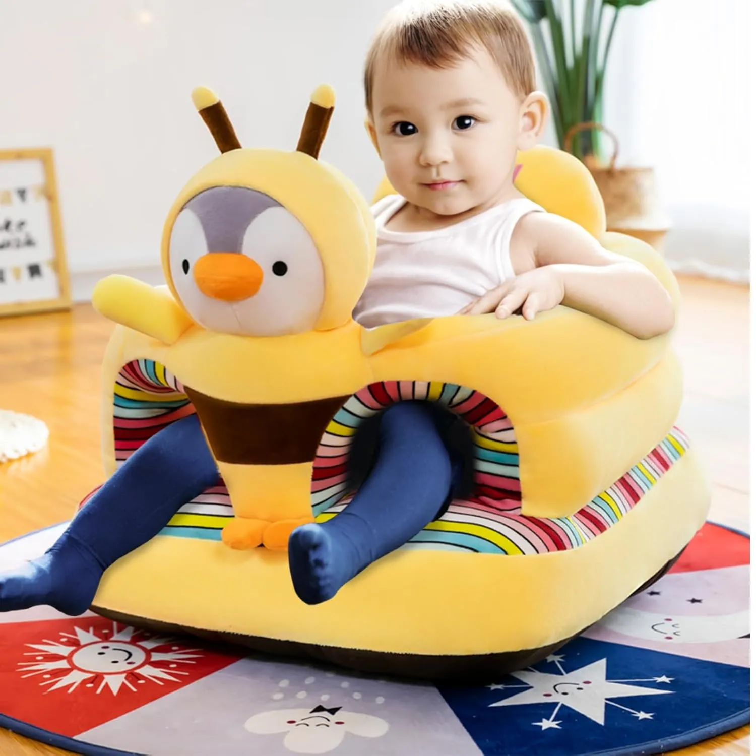 Baby Seat for 3-24 Month, Infant Back Support Floor Chair, Plush Cartoon Animals Baby Sofa, Toddler Floor Seater for Sitting Up, Portable Activity Seat for Babies (Bee)