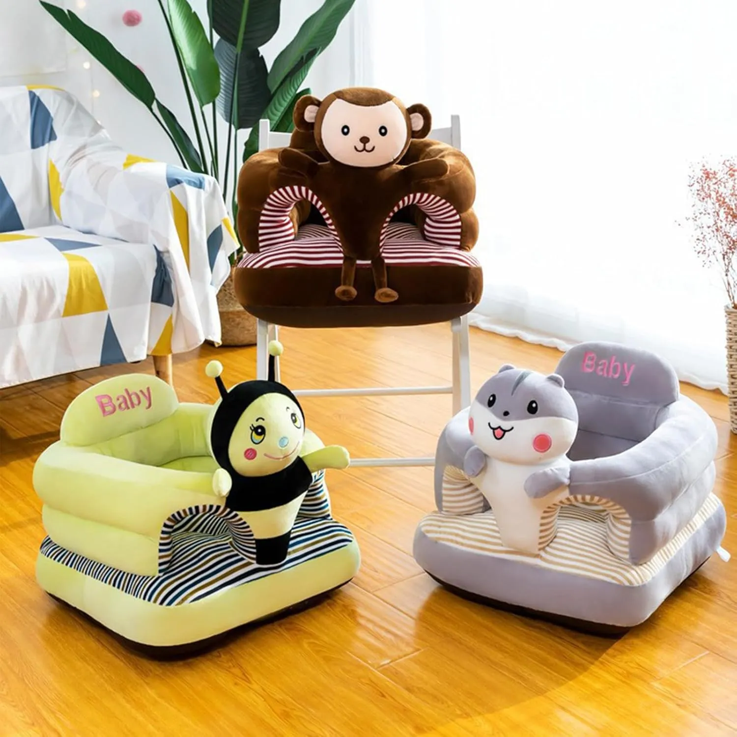 Baby Seat for 3-24 Month, Infant Back Support Floor Chair, Plush Cartoon Animals Baby Sofa, Toddler Floor Seater for Sitting Up, Portable Activity Seat for Babies (Bee)