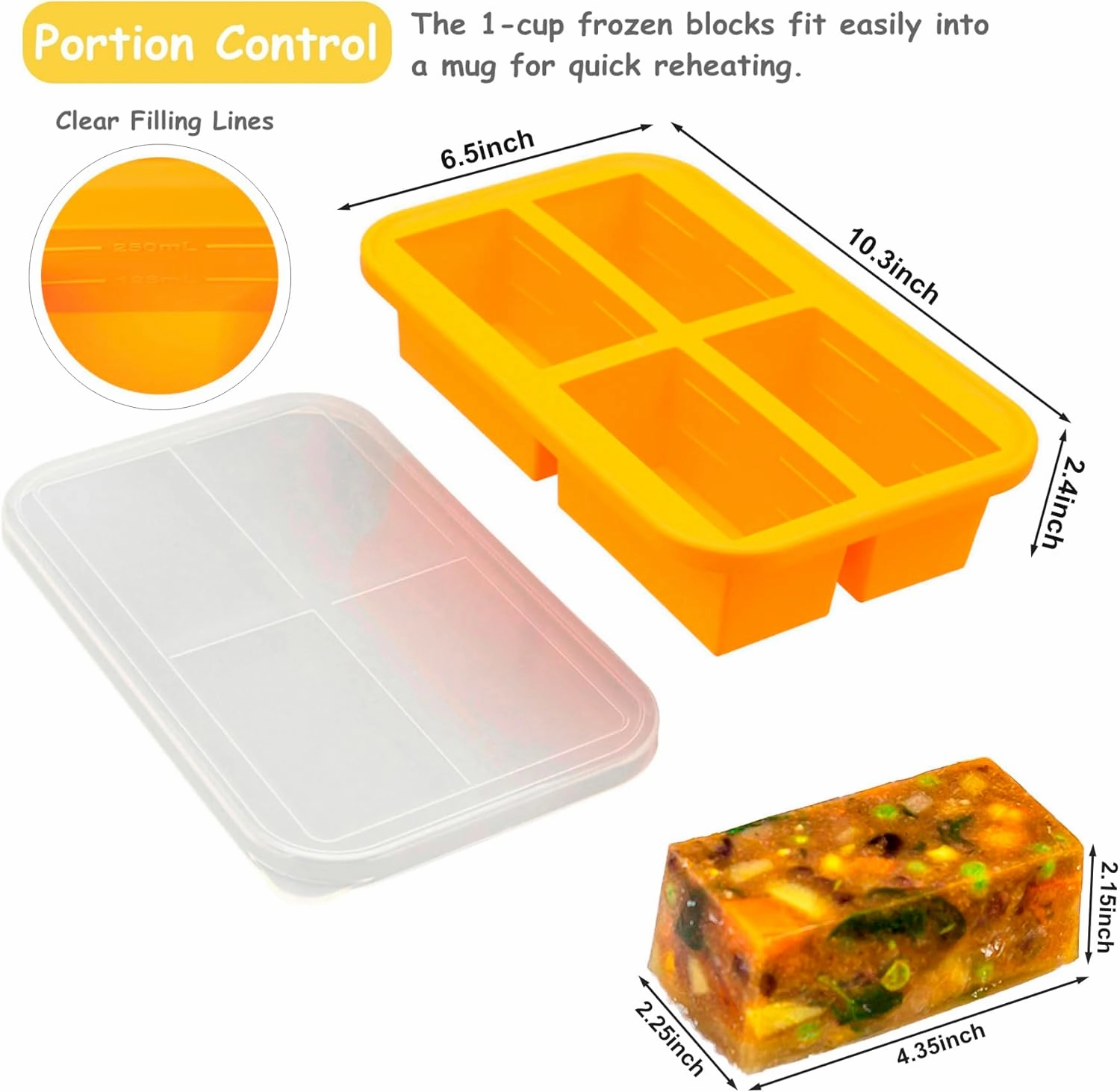 Bangp 1-Cup Silicone Freezer Trays with Lid,2 Pack,Easy-Release Silicone Freezer Containers,Soup Freezer Molds,Freeze and Store Soup,Broth,Sauce,Leftovers - Makes 8 Perfect 1 Cup Portions