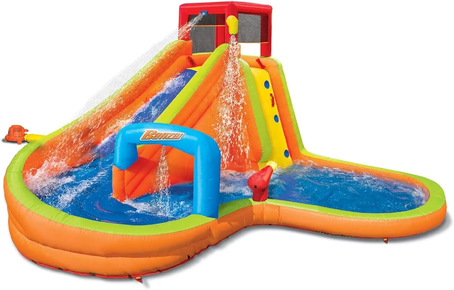 BANZAI Fun Express Lazy River Inflatable Water Park with Waterslide, Sprinklers, and Water Cannon