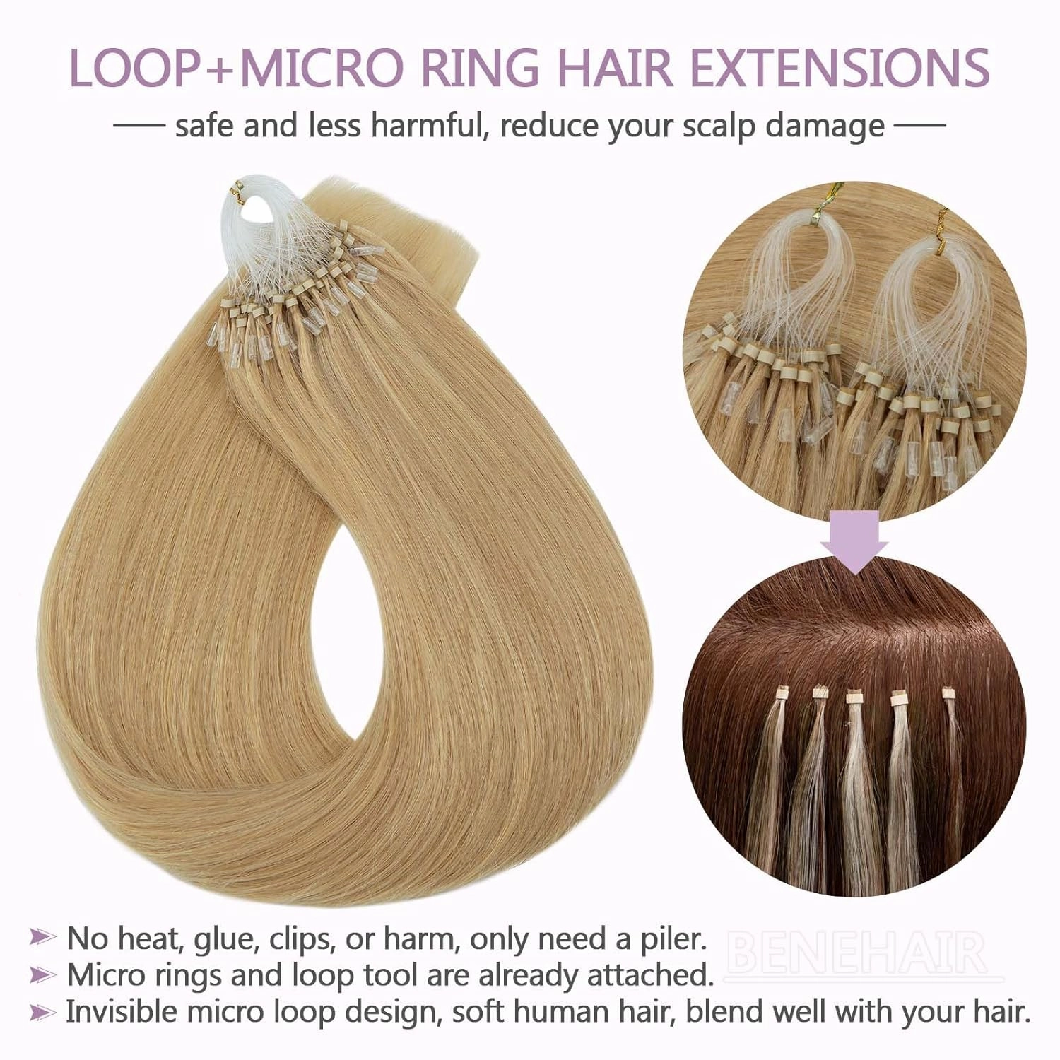 Benehair Microlink Hair Extensions Human Hair Natural Blonde Micro loop Hair Extensions Real Human Hair Invisible Microbead Hair Extensions for Women 16inch Natural Hair Extensions