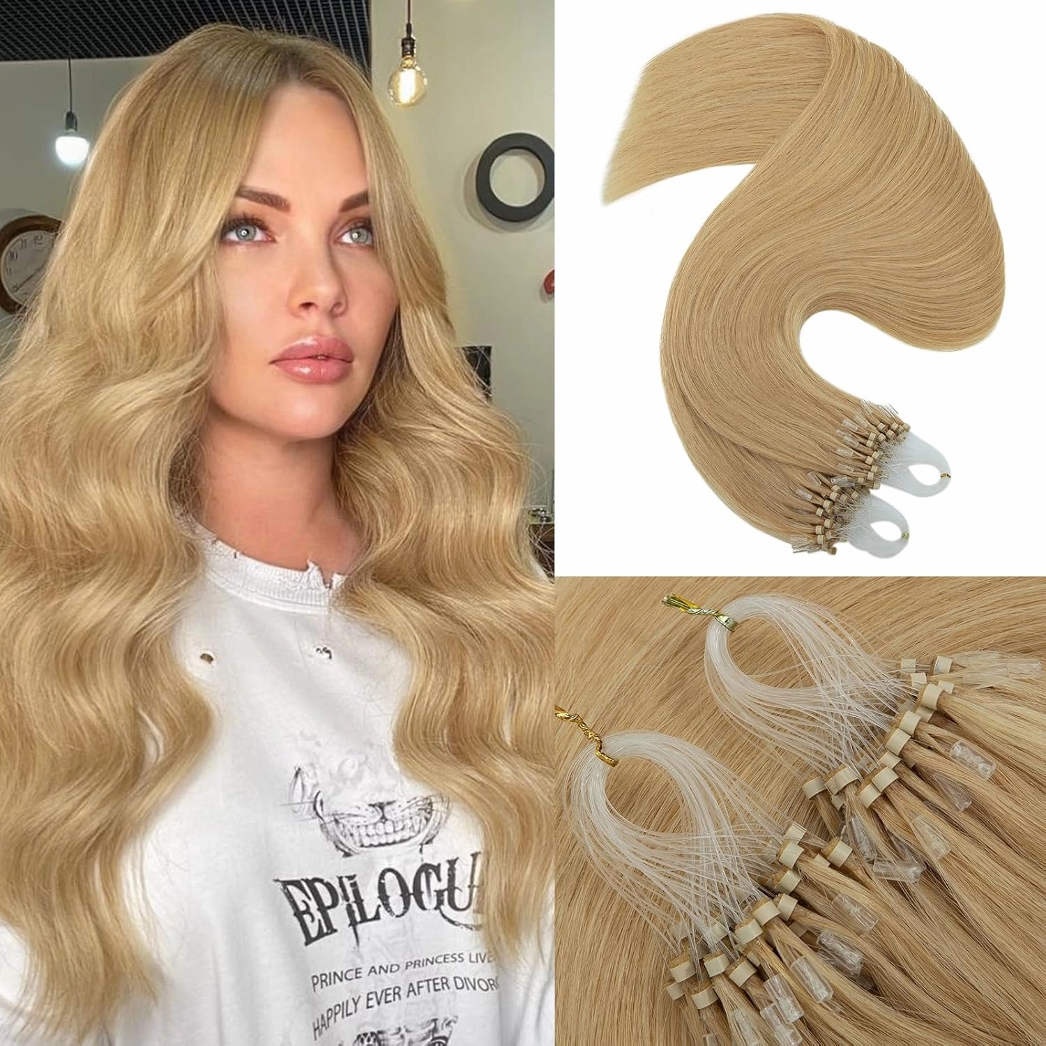 Benehair Microlink Hair Extensions Human Hair Natural Blonde Micro loop Hair Extensions Real Human Hair Invisible Microbead Hair Extensions for Women 16inch Natural Hair Extensions