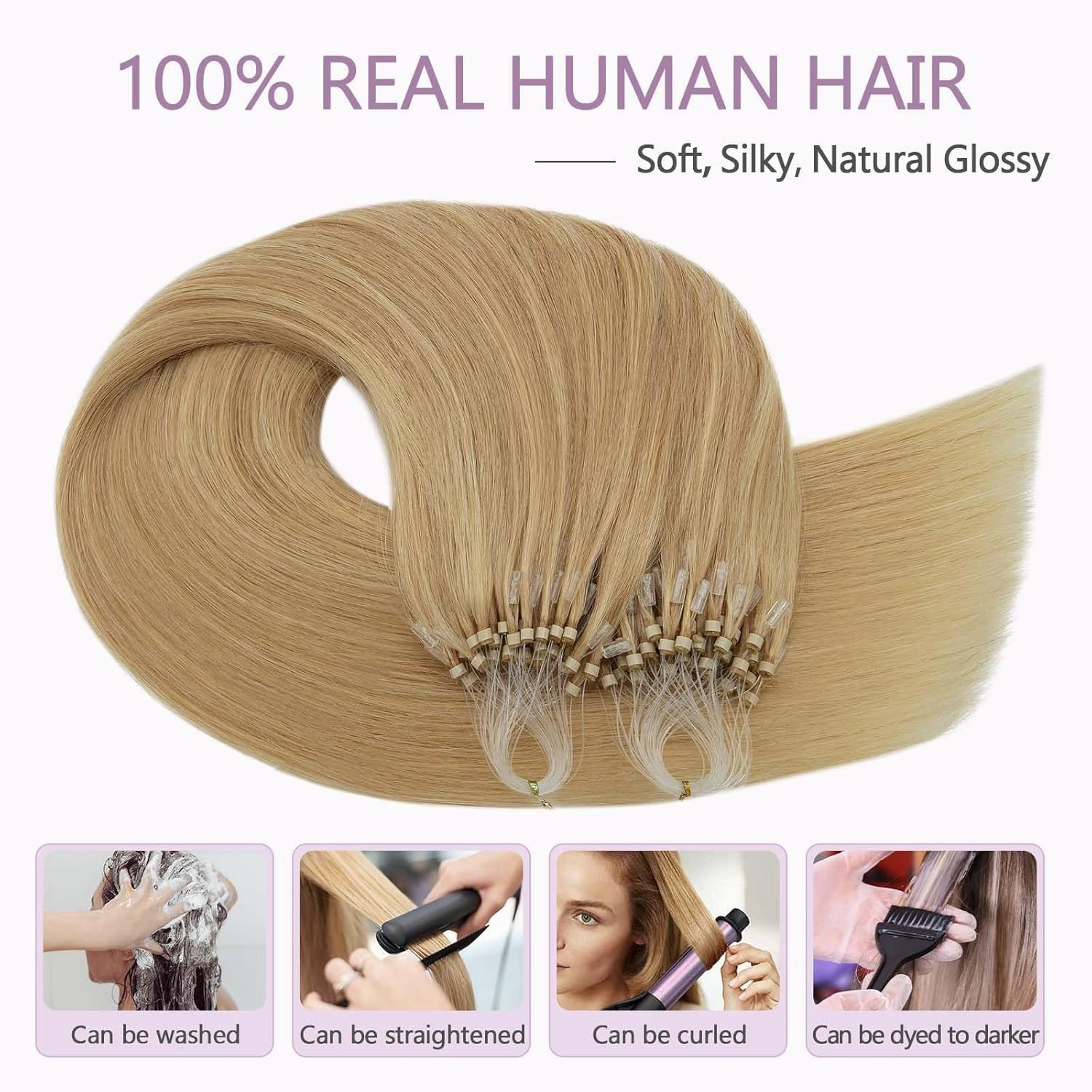 Benehair Microlink Hair Extensions Human Hair Natural Blonde Micro loop Hair Extensions Real Human Hair Invisible Microbead Hair Extensions for Women 16inch Natural Hair Extensions