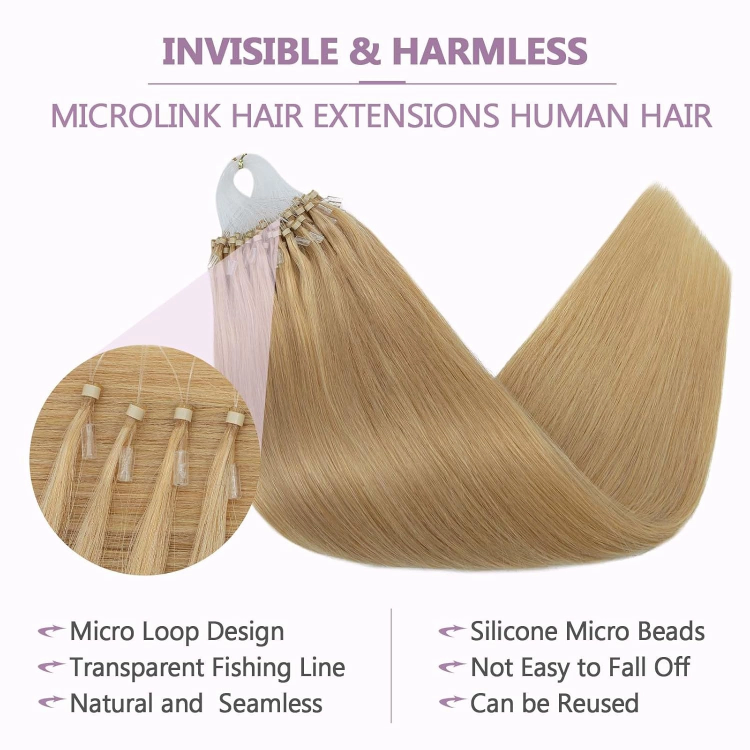 Benehair Microlink Hair Extensions Human Hair Natural Blonde Micro loop Hair Extensions Real Human Hair Invisible Microbead Hair Extensions for Women 16inch Natural Hair Extensions