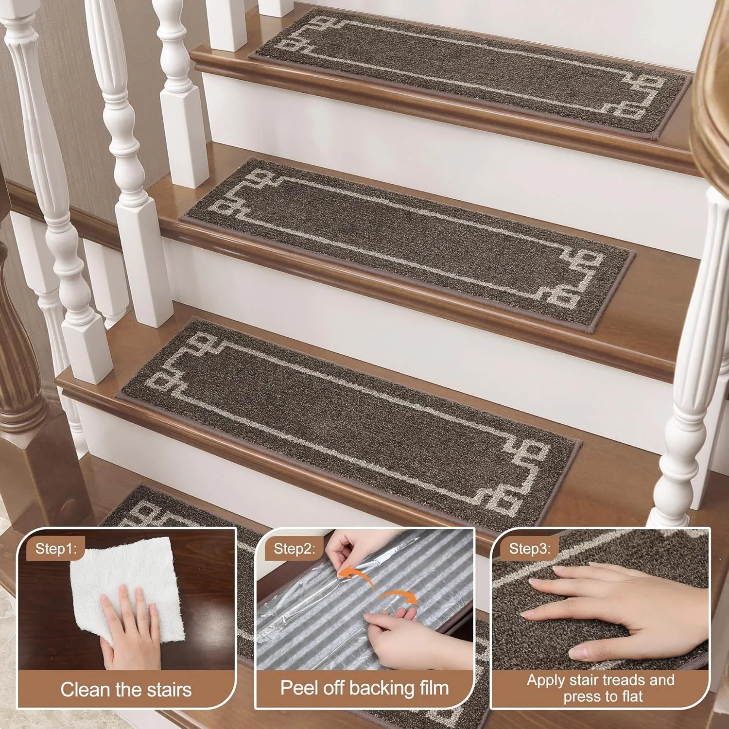 BEQHAUSE Stair Treads for Wooden Steps Non Slip Washable Carpet Stair Treads with Reusable Residue Free Backing Soft Polyester Stair Rugs Indoor for Kids Elders and Dogs 9”x28”,4pcs,Brown