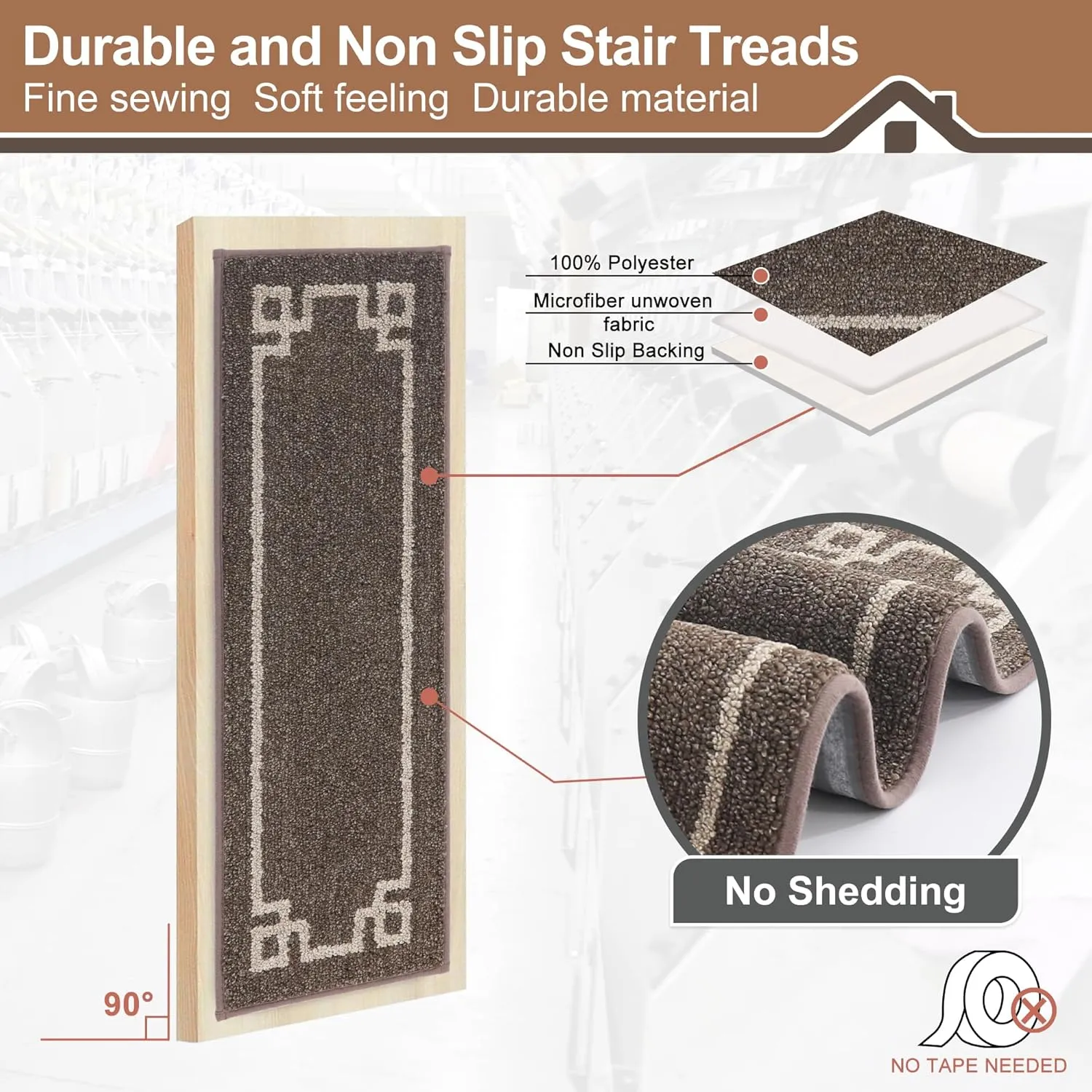 BEQHAUSE Stair Treads for Wooden Steps Non Slip Washable Carpet Stair Treads with Reusable Residue Free Backing Soft Polyester Stair Rugs Indoor for Kids Elders and Dogs 9”x28”,4pcs,Brown