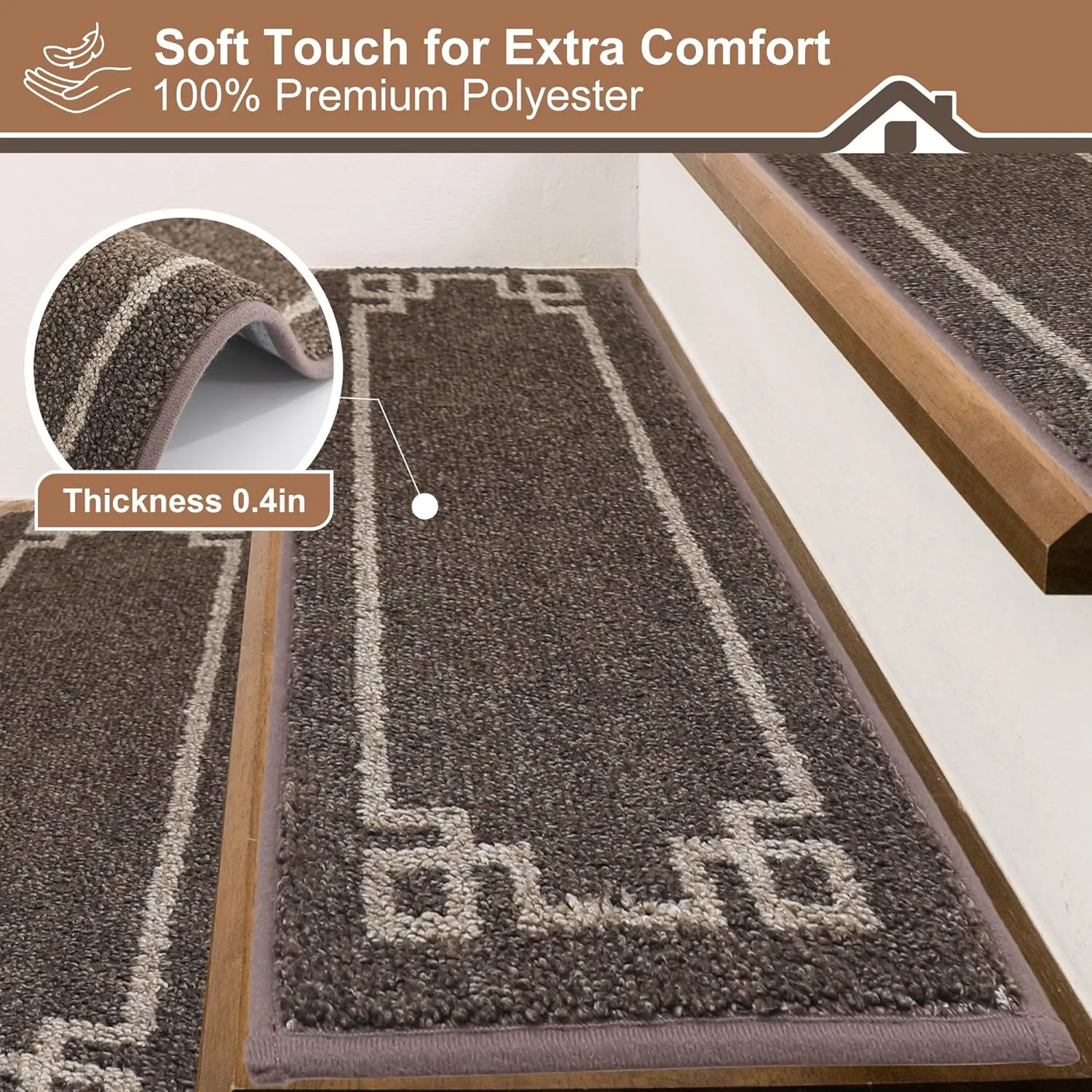 BEQHAUSE Stair Treads for Wooden Steps Non Slip Washable Carpet Stair Treads with Reusable Residue Free Backing Soft Polyester Stair Rugs Indoor for Kids Elders and Dogs 9”x28”,4pcs,Brown