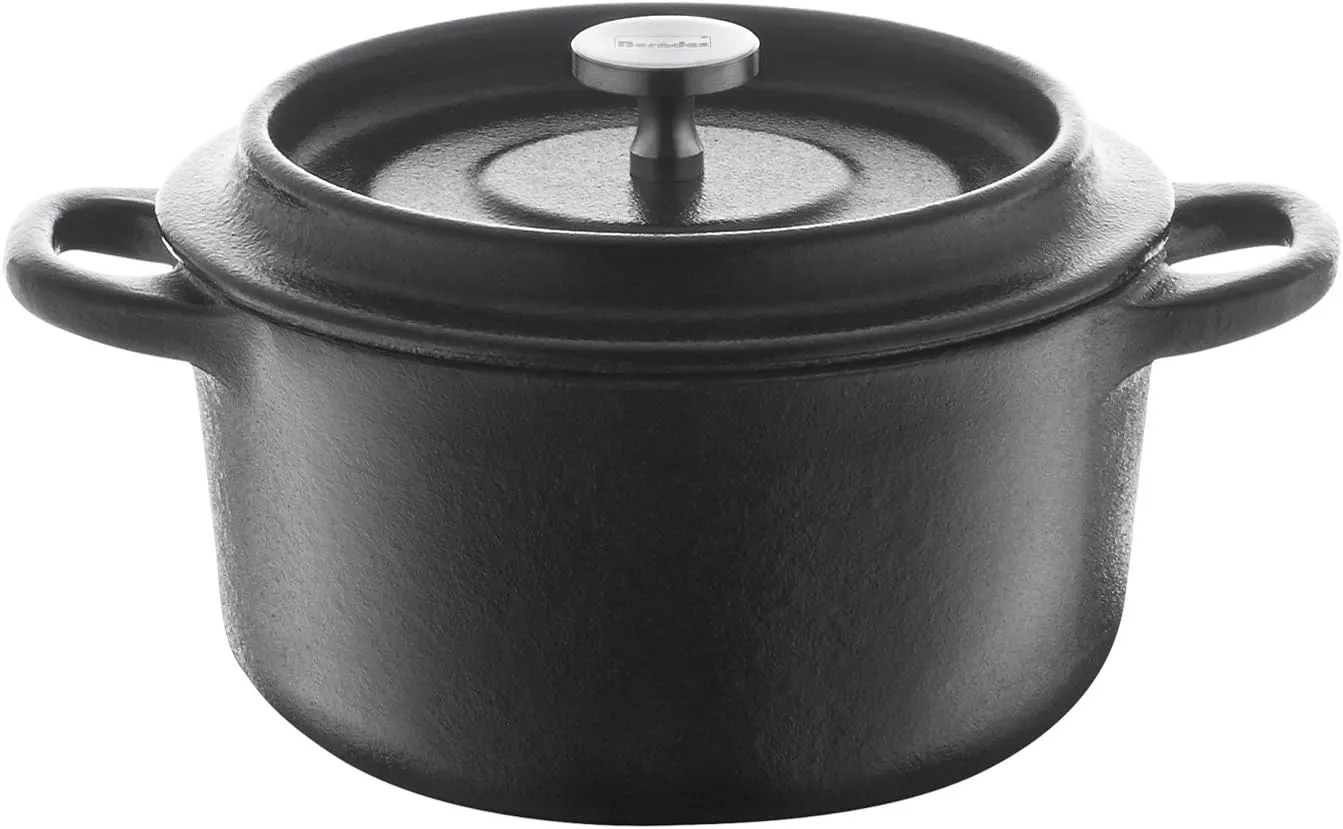 Berndes 034141 Roasting Dish Cast Iron Mini Casserole 10 cm Round with Cast Iron Lid Enamel, 350 ml, Black