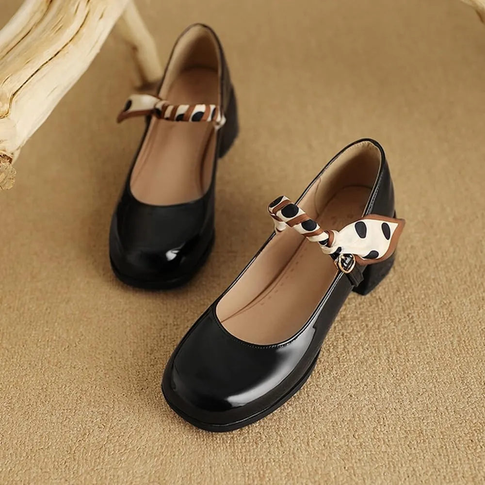 Big Size Women's Patent Leather Lolita Shoes Polka Dot Ribbon Mary Jane Platform Chunky Heeled Pumps Comfort Square Toe Dressy Shoes for Wedding Work Office
