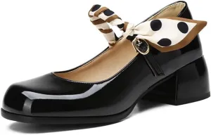 Big Size Women's Patent Leather Lolita Shoes Polka Dot Ribbon Mary Jane Platform Chunky Heeled Pumps Comfort Square Toe Dressy Shoes for Wedding Work Office