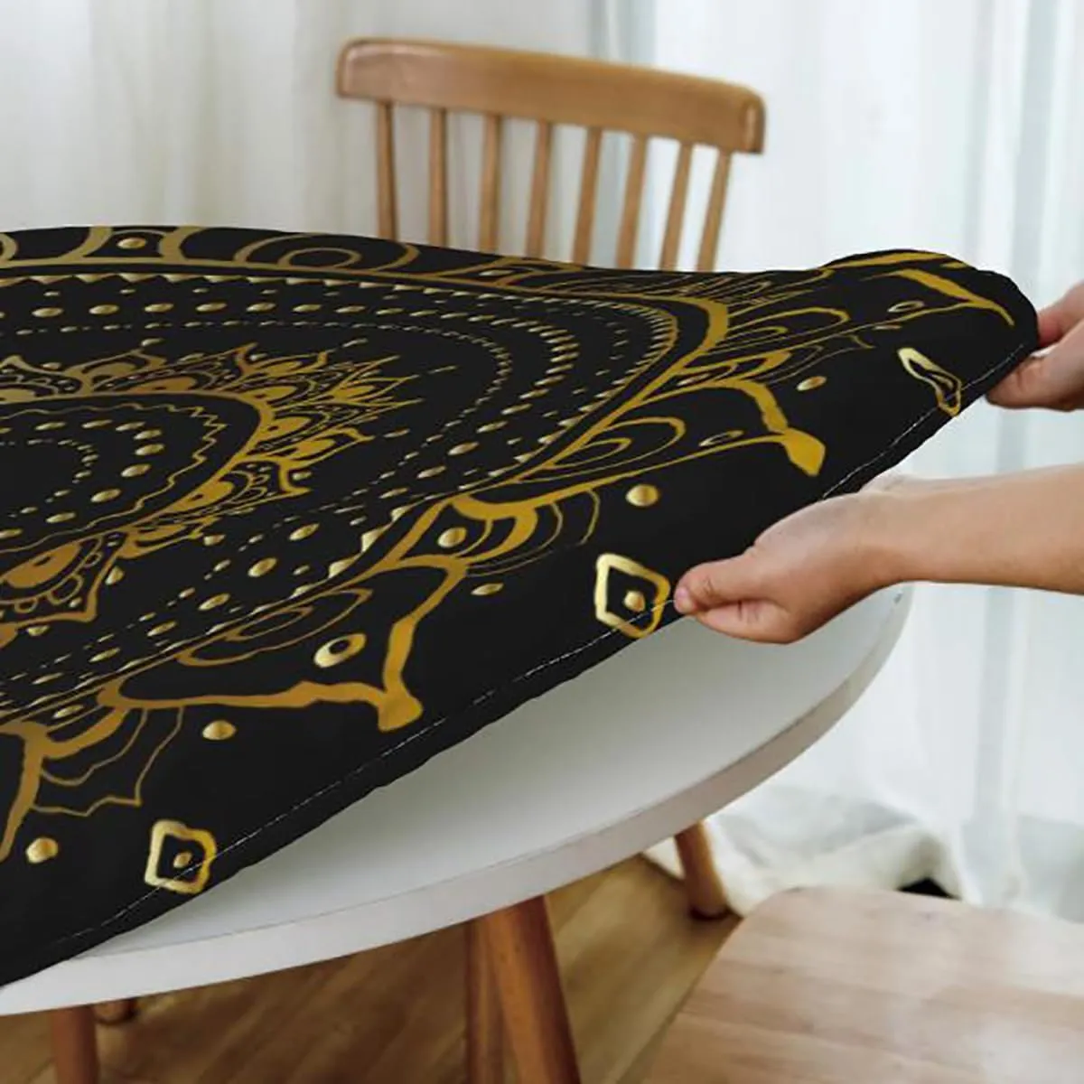Blue Orange Yellow Round Fitted Tablecloth with Elastic Edge Abstract Floral Swirl Motifs Washable Spill Proof Table Covers Tiles Fit for 40"-43" Table