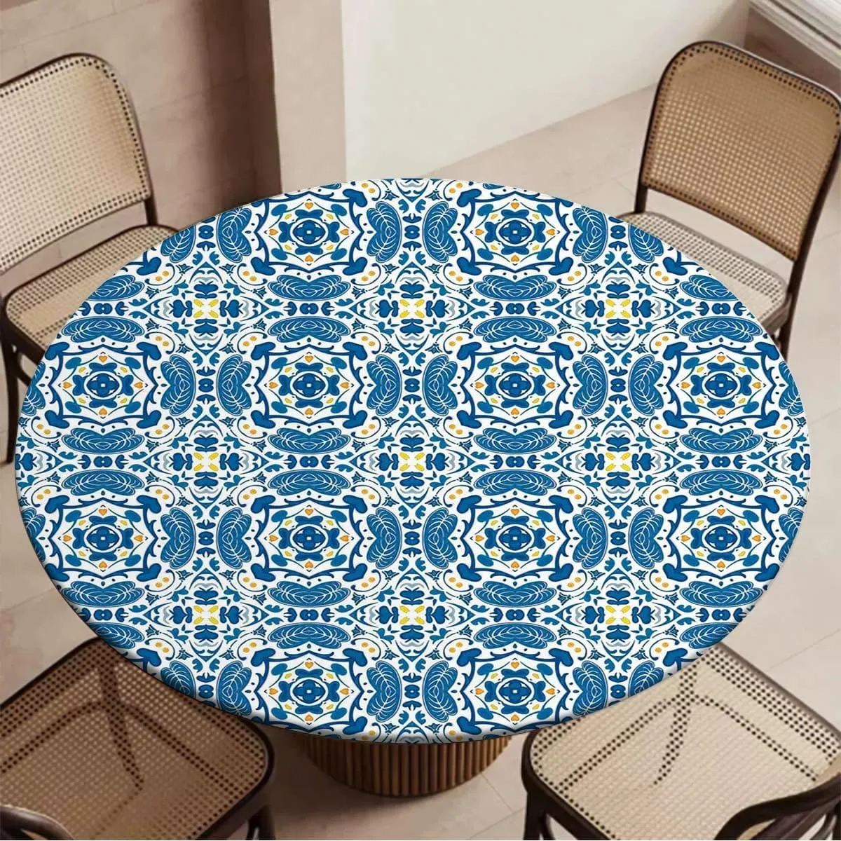 Blue Orange Yellow Round Fitted Tablecloth with Elastic Edge Abstract Floral Swirl Motifs Washable Spill Proof Table Covers Tiles Fit for 40"-43" Table