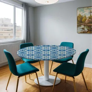Blue Orange Yellow Round Fitted Tablecloth with Elastic Edge Abstract Floral Swirl Motifs Washable Spill Proof Table Covers Tiles Fit for 40"-43" Table