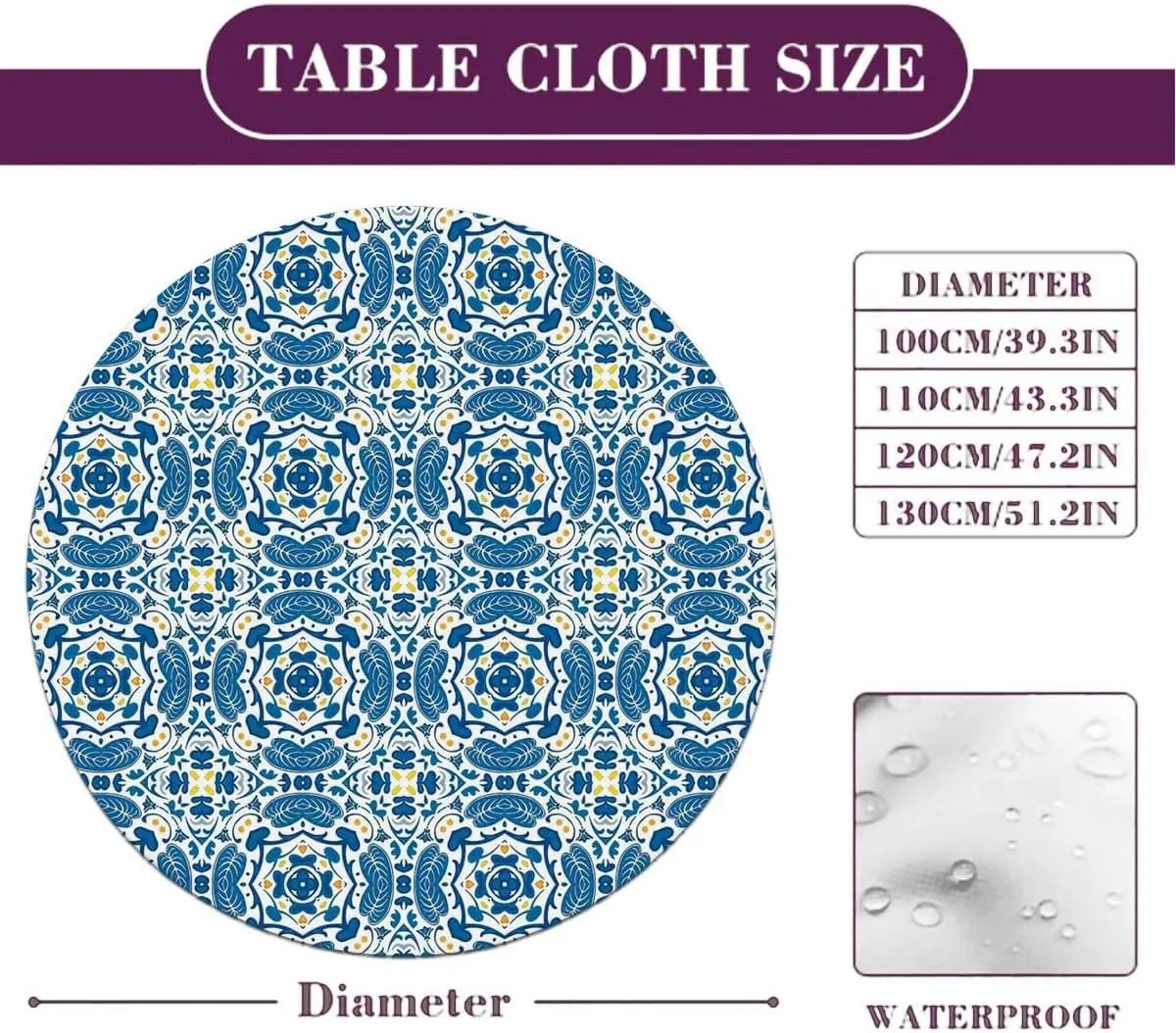 Blue Orange Yellow Round Fitted Tablecloth with Elastic Edge Abstract Floral Swirl Motifs Washable Spill Proof Table Covers Tiles Fit for 40"-43" Table