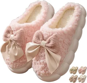 Bow Tie Slippers Cozy Soft Plush Slippers for Womens Lightweight Thick Sole Slippers Winter House Warm Slippers Shoes Indoor Non Slip Home Slippers Ladies Bedroom Fuzzy Slipper