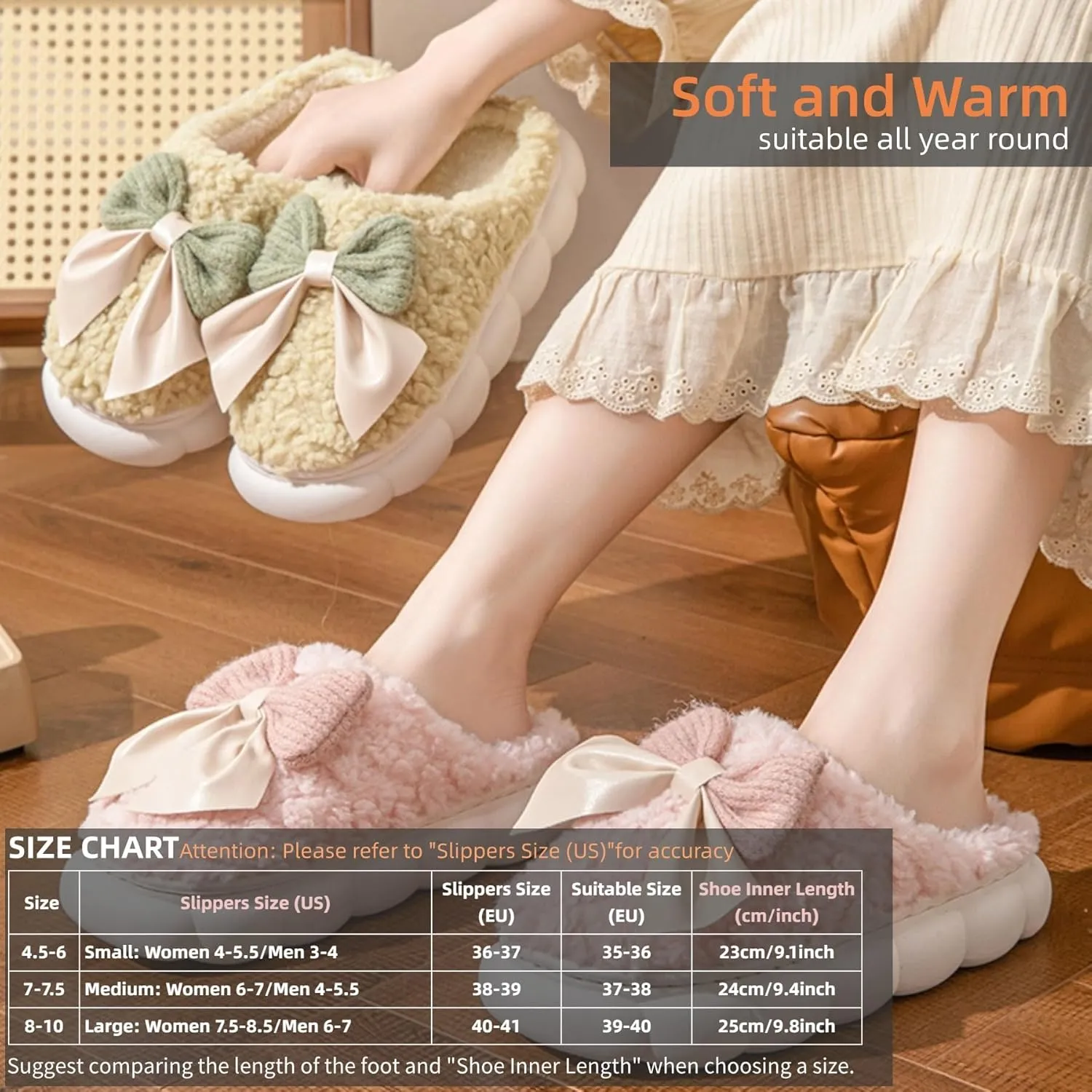 Bow Tie Slippers Cozy Soft Plush Slippers for Womens Lightweight Thick Sole Slippers Winter House Warm Slippers Shoes Indoor Non Slip Home Slippers Ladies Bedroom Fuzzy Slipper