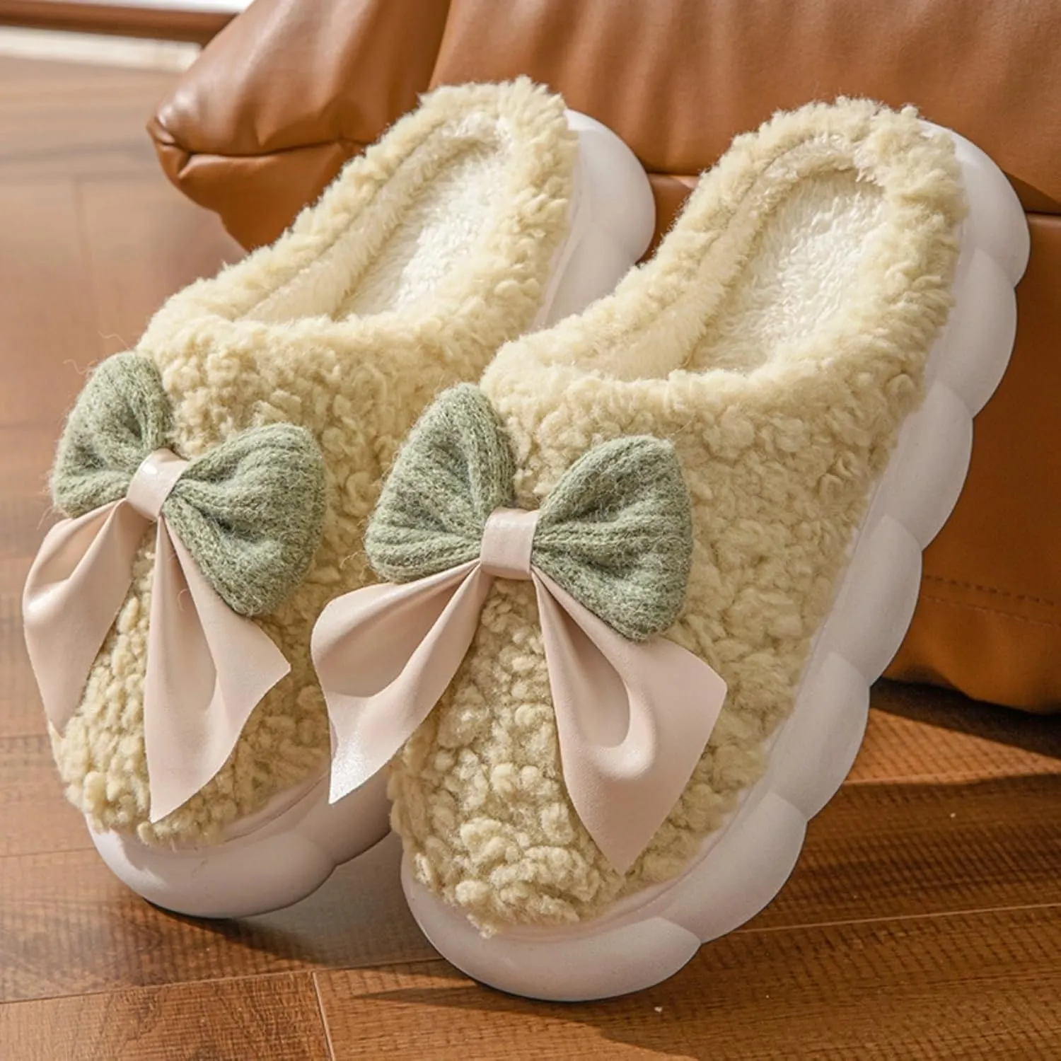 Bow Tie Slippers Cozy Soft Plush Slippers for Womens Lightweight Thick Sole Slippers Winter House Warm Slippers Shoes Indoor Non Slip Home Slippers Ladies Bedroom Fuzzy Slipper