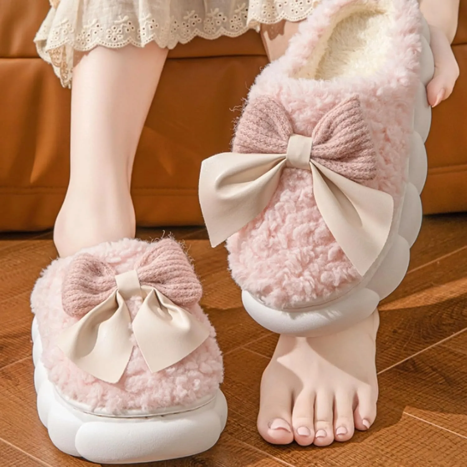 Bow Tie Slippers Cozy Soft Plush Slippers for Womens Lightweight Thick Sole Slippers Winter House Warm Slippers Shoes Indoor Non Slip Home Slippers Ladies Bedroom Fuzzy Slipper