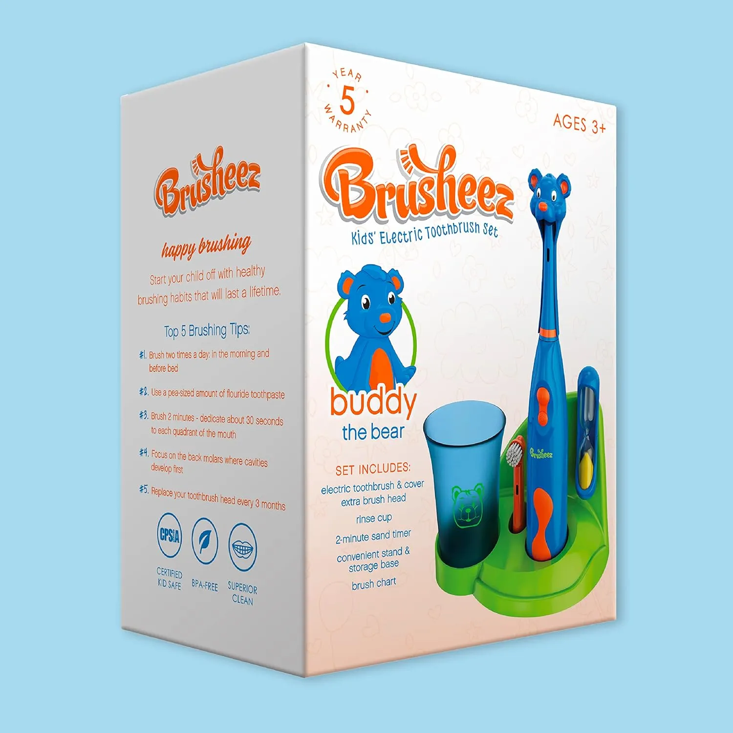 Brusheez Kids’ Electric Toothbrush Set - Safe & Effective for Ages 3  - Parent Tested & Approved with Gentle Bristles, 2 Brush Heads, Rinse Cup, 2-Minute Timer, & Storage Base (Buddy The Bear)