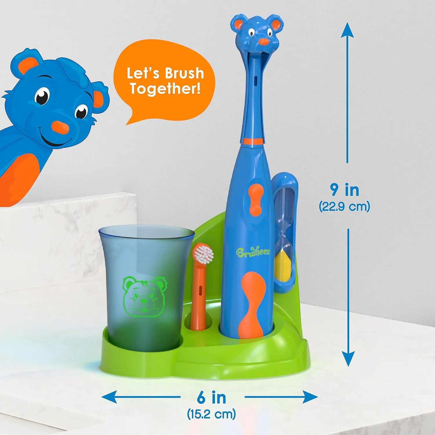 Brusheez Kids’ Electric Toothbrush Set - Safe & Effective for Ages 3  - Parent Tested & Approved with Gentle Bristles, 2 Brush Heads, Rinse Cup, 2-Minute Timer, & Storage Base (Buddy The Bear)