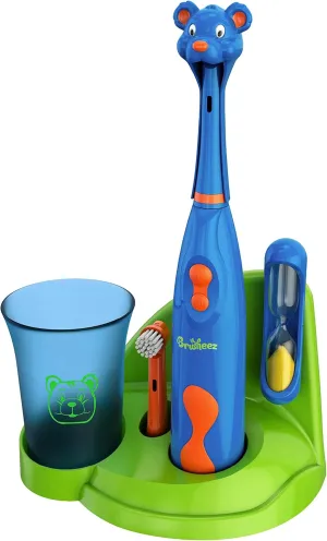 Brusheez Kids’ Electric Toothbrush Set - Safe & Effective for Ages 3  - Parent Tested & Approved with Gentle Bristles, 2 Brush Heads, Rinse Cup, 2-Minute Timer, & Storage Base (Buddy The Bear)